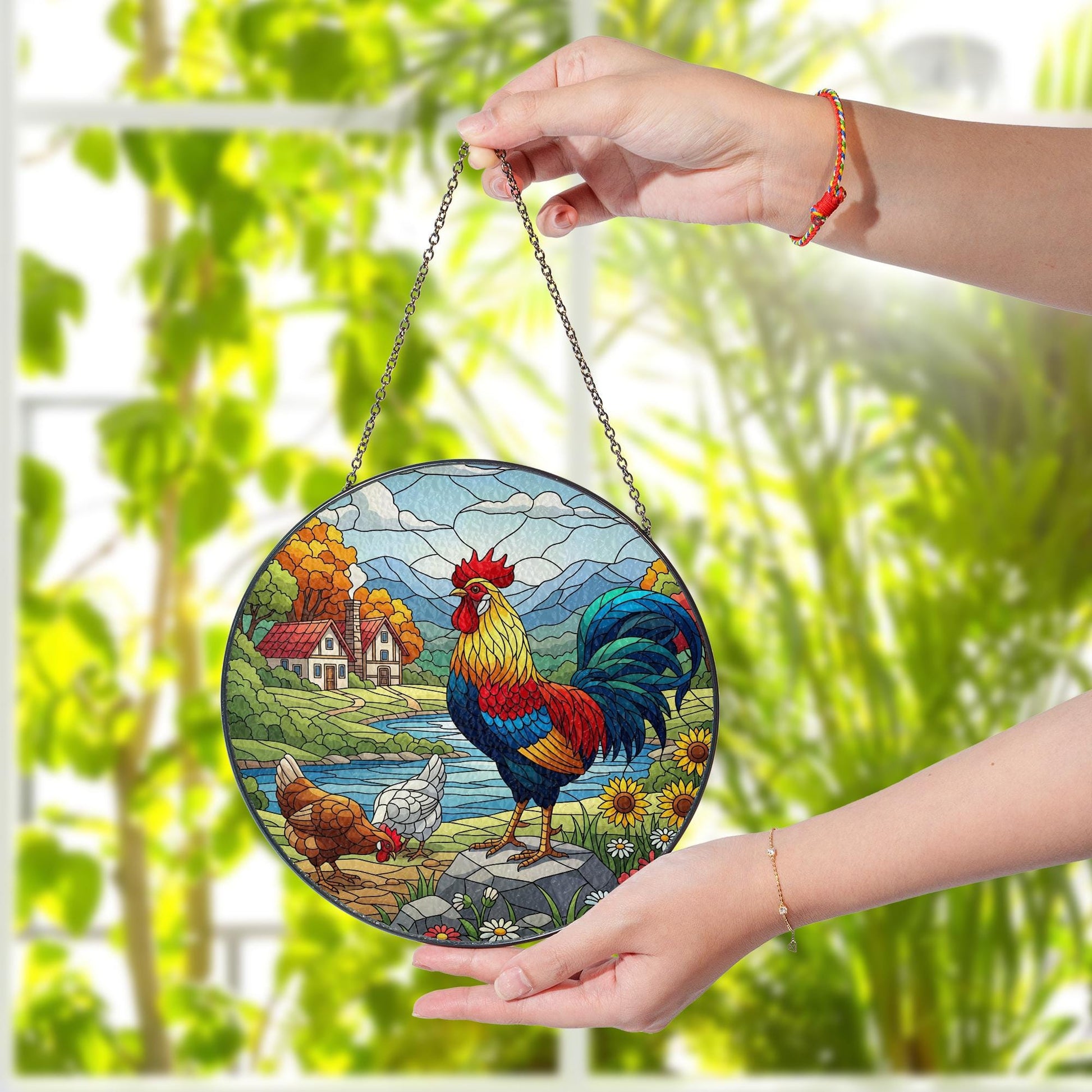 Colorful Rooster Faux Glass Suncatcher – Country Farmhouse Acrylic Window Hanging, Rustic Kitchen Decor Gift