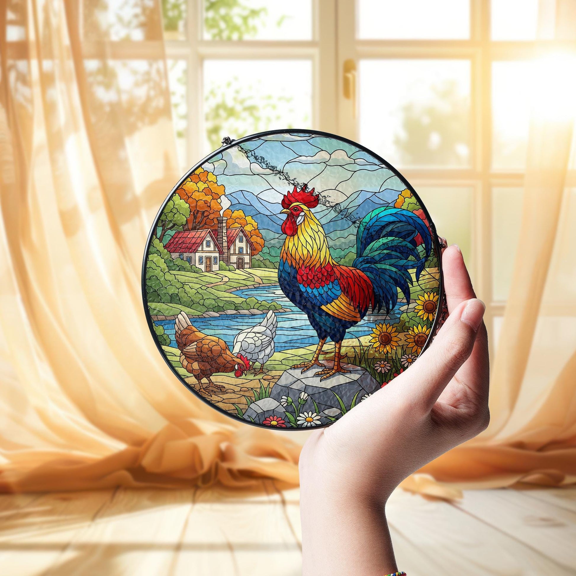 Colorful Rooster Faux Glass Suncatcher – Country Farmhouse Acrylic Window Hanging, Rustic Kitchen Decor Gift