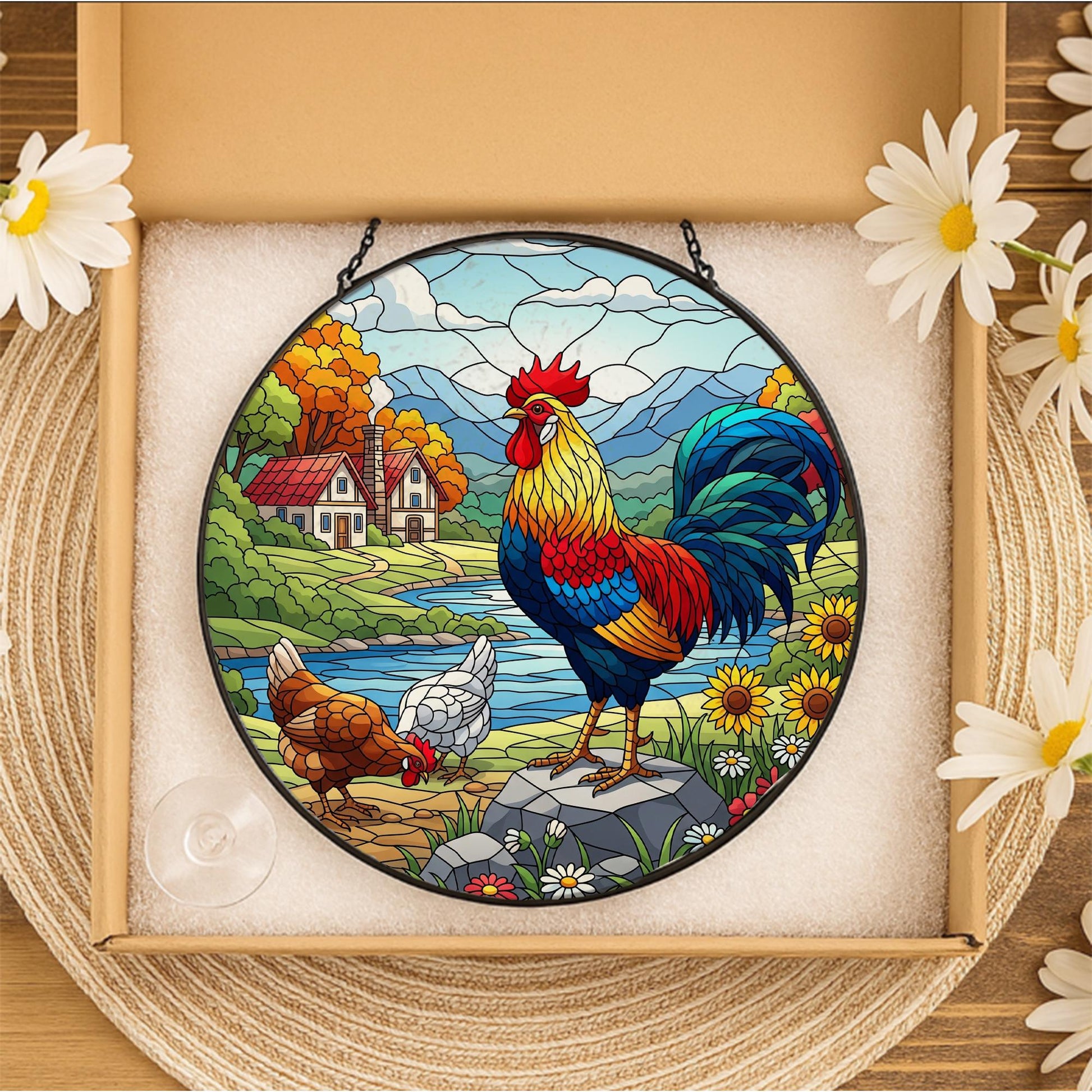 Colorful Rooster Faux Glass Suncatcher – Country Farmhouse Acrylic Window Hanging, Rustic Kitchen Decor Gift