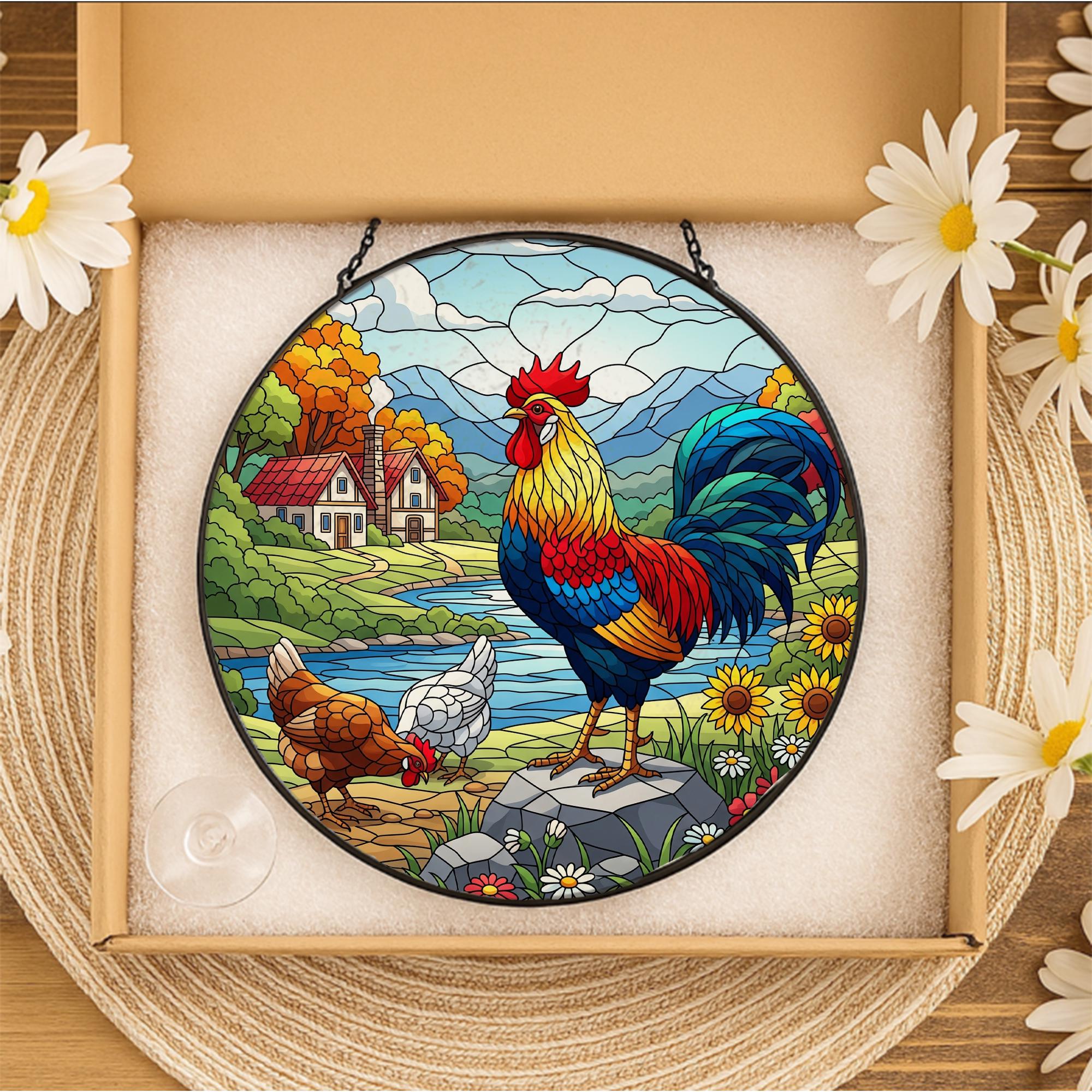 Colorful Rooster Faux Glass Suncatcher – Country Farmhouse Acrylic Window Hanging, Rustic Kitchen Decor Gift