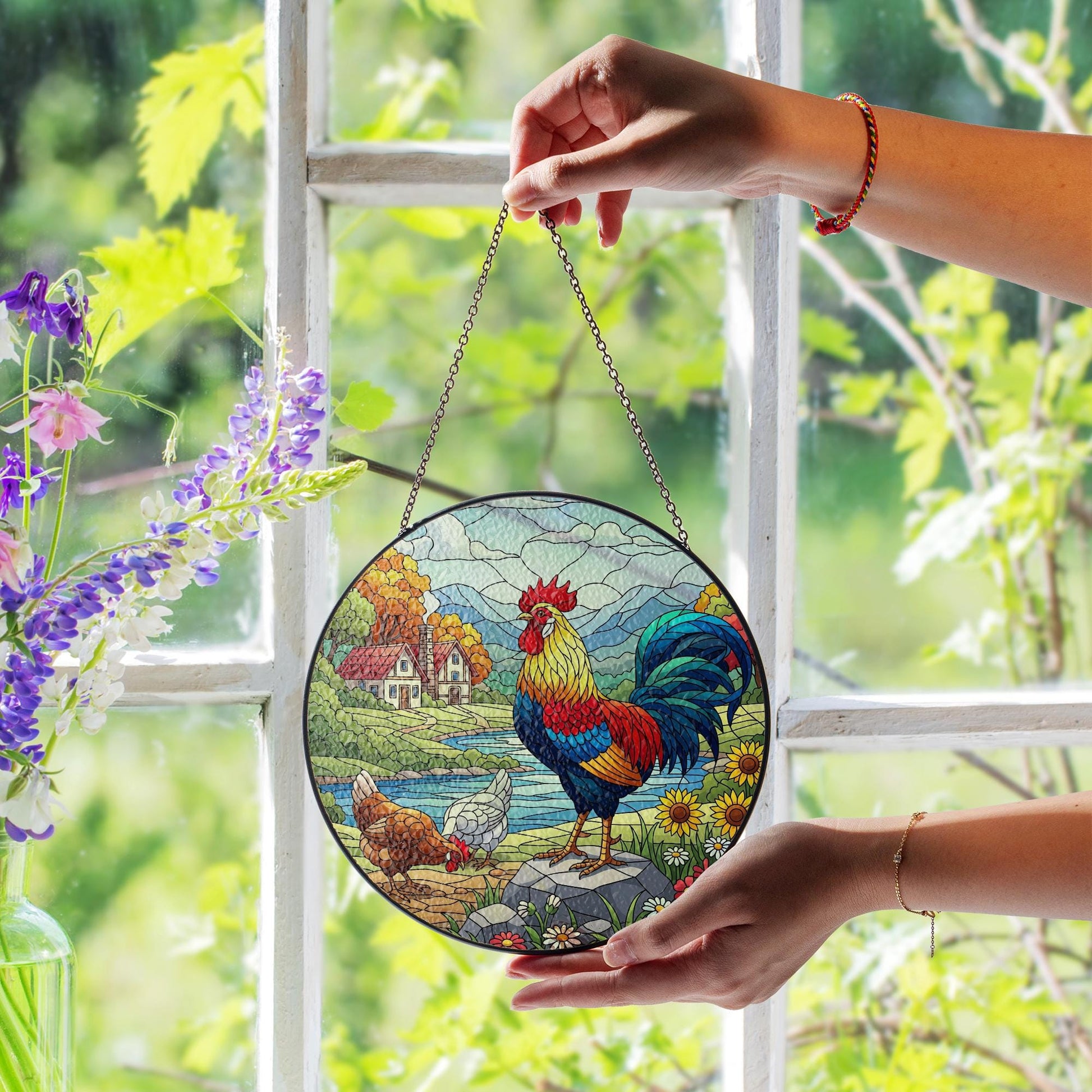 Colorful Rooster Faux Glass Suncatcher – Country Farmhouse Acrylic Window Hanging, Rustic Kitchen Decor Gift