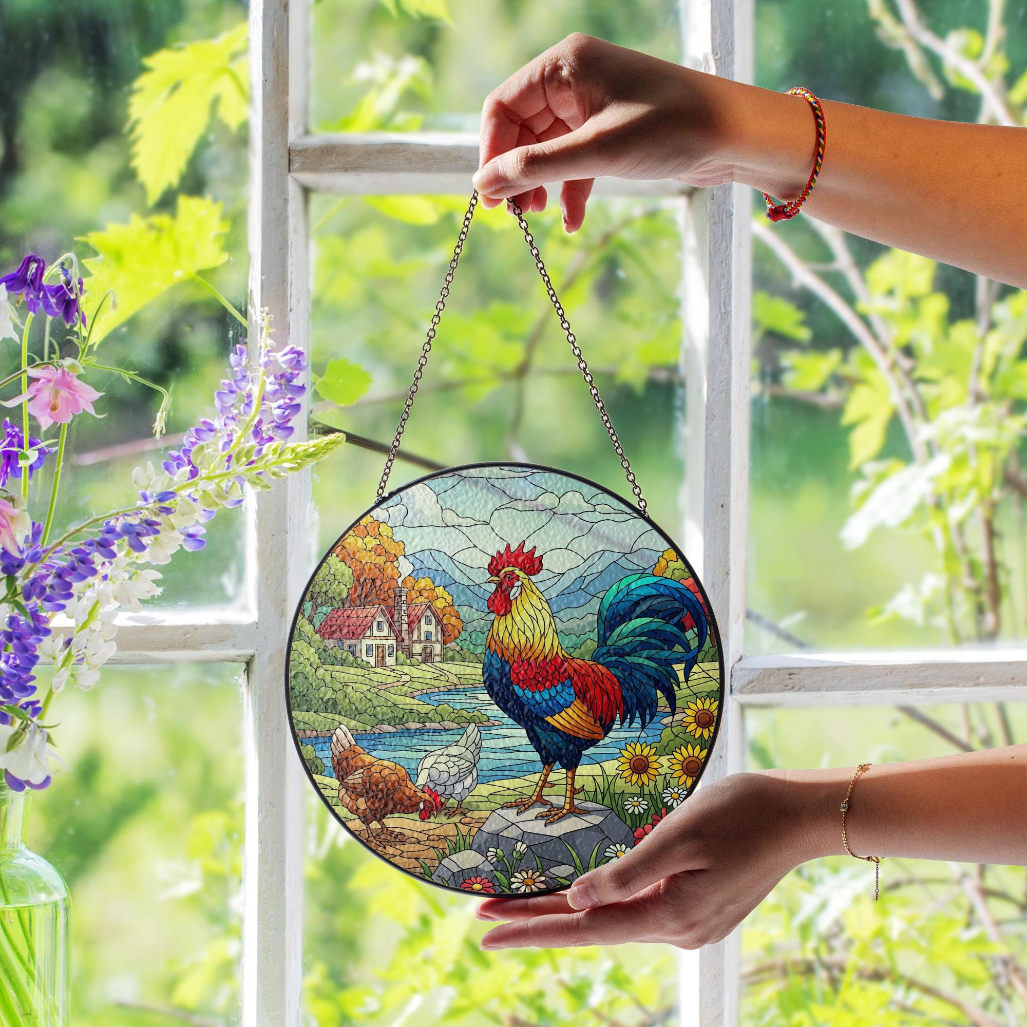 Colorful Rooster Faux Glass Suncatcher – Country Farmhouse Acrylic Window Hanging, Rustic Kitchen Decor Gift
