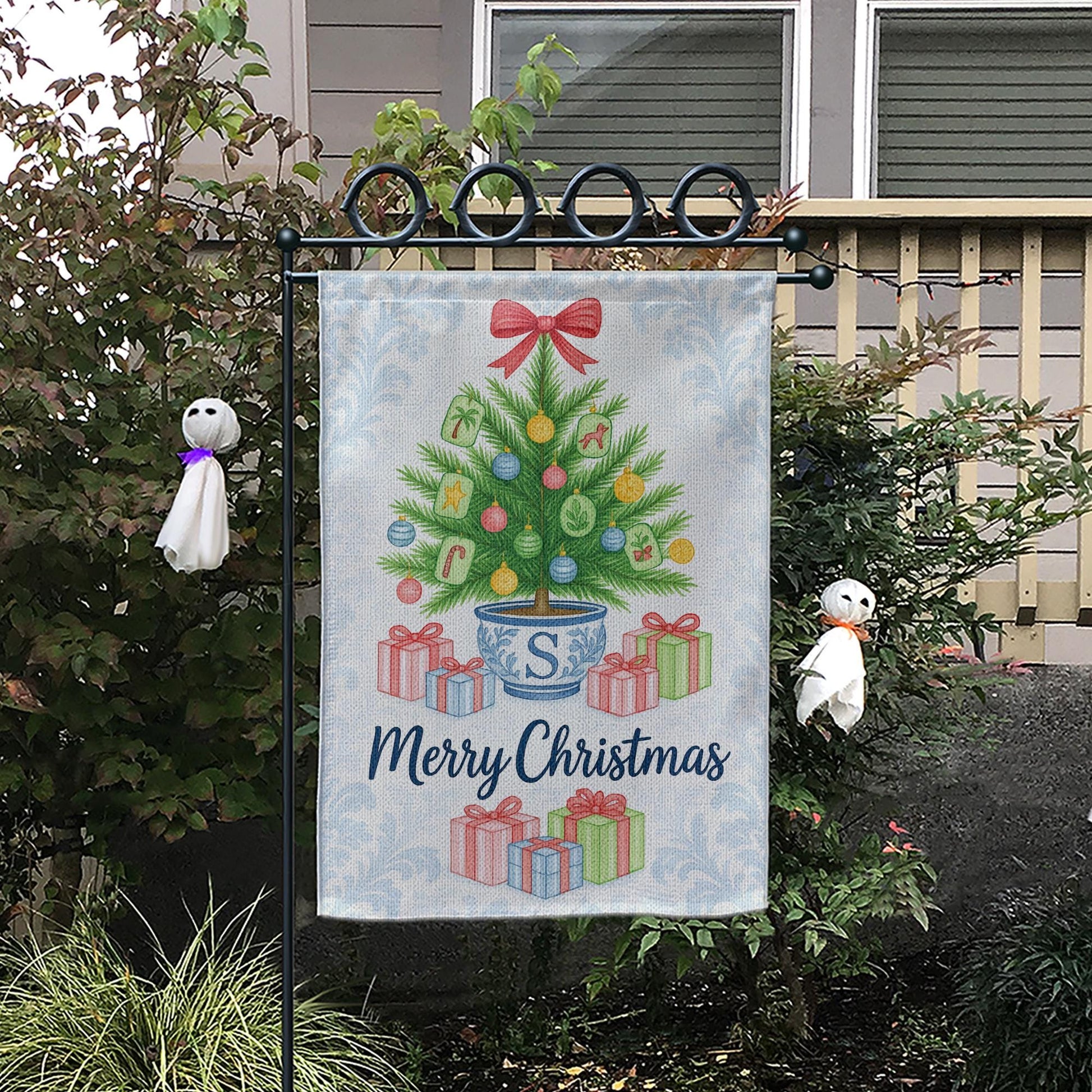 Custom Chinoiserie Christmas Garden Flag: Merry Mahjong Holiday Decor