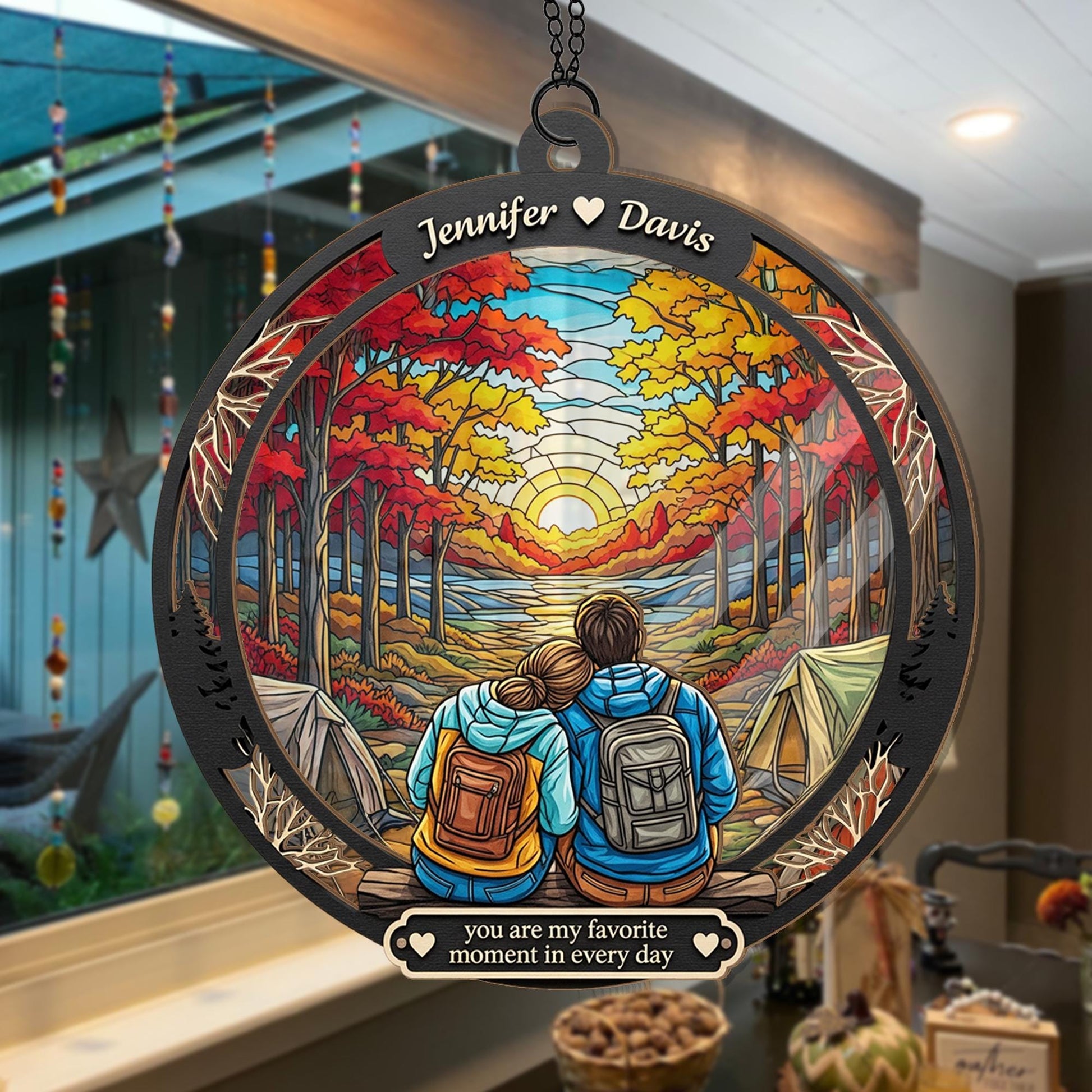 Custom Camping Couple Ornament | Personalized Fall Suncatcher | Hiking Gift for Him Her | Romantic Sunset Forest Ornament
