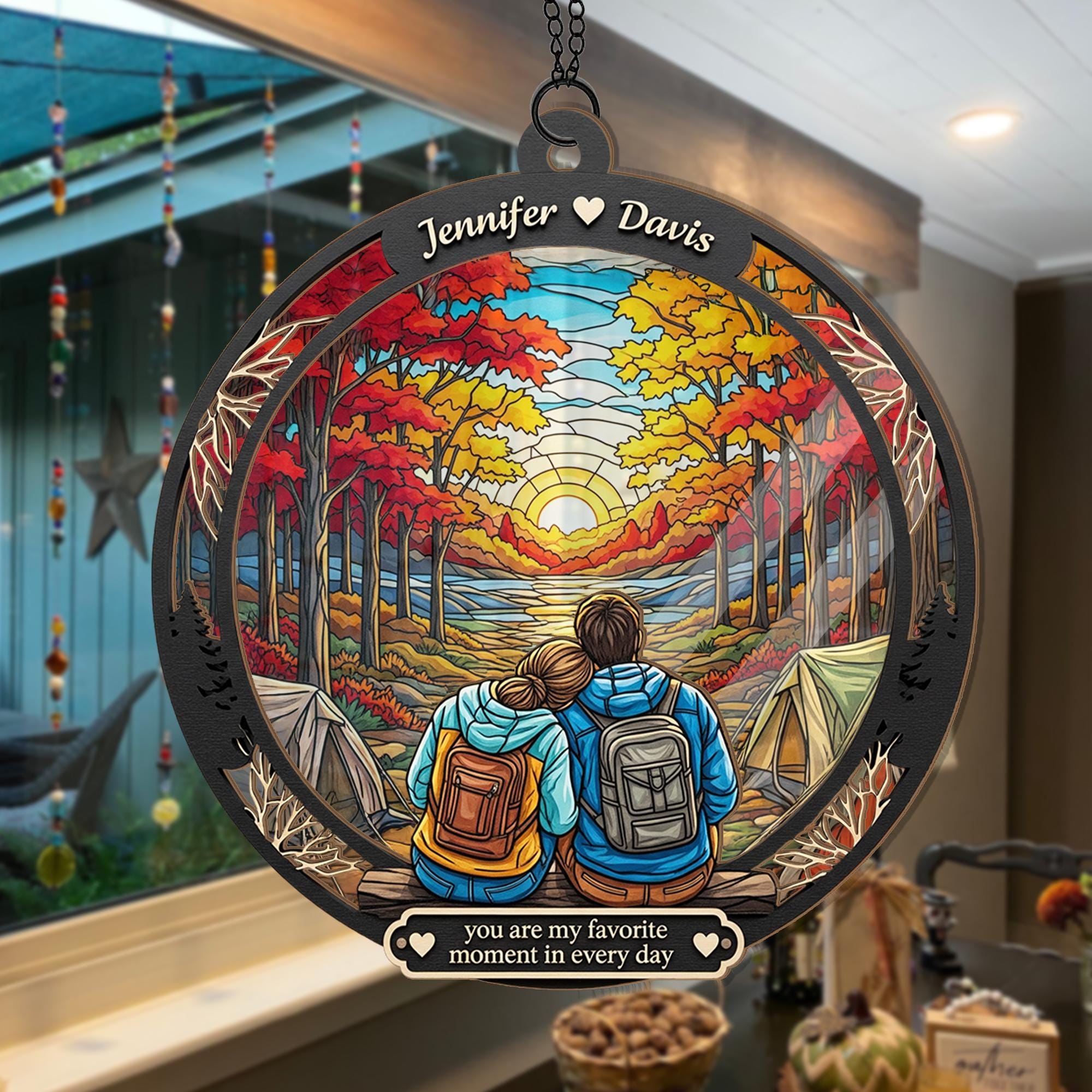 Custom Camping Couple Ornament | Personalized Fall Suncatcher | Hiking Gift for Him Her | Romantic Sunset Forest Ornament