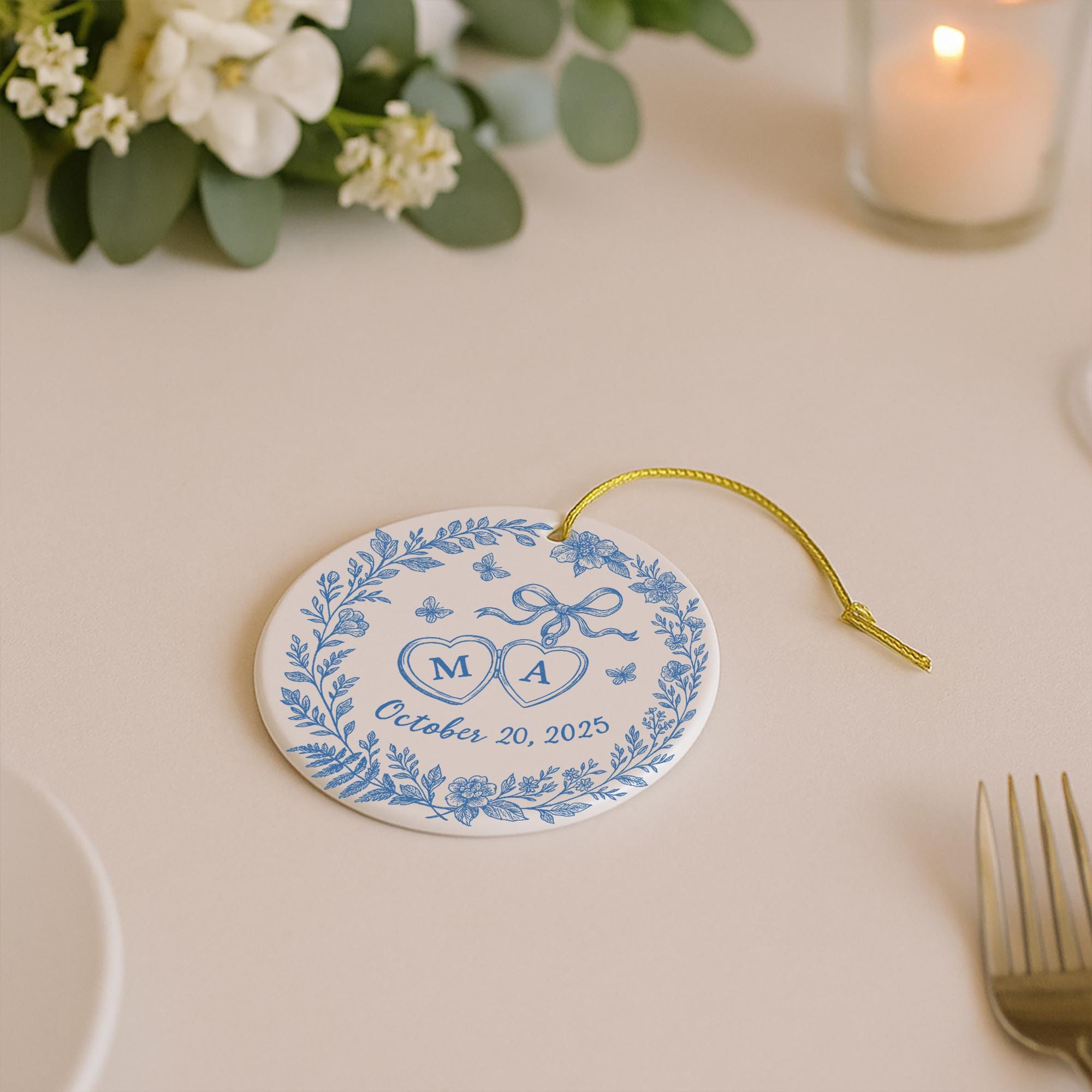 Custom Chinoiserie Wedding Ornament - Personalized Blue and White Ceramic Keepsake, Couple Monogram Gift, Elegant Bridal Decor