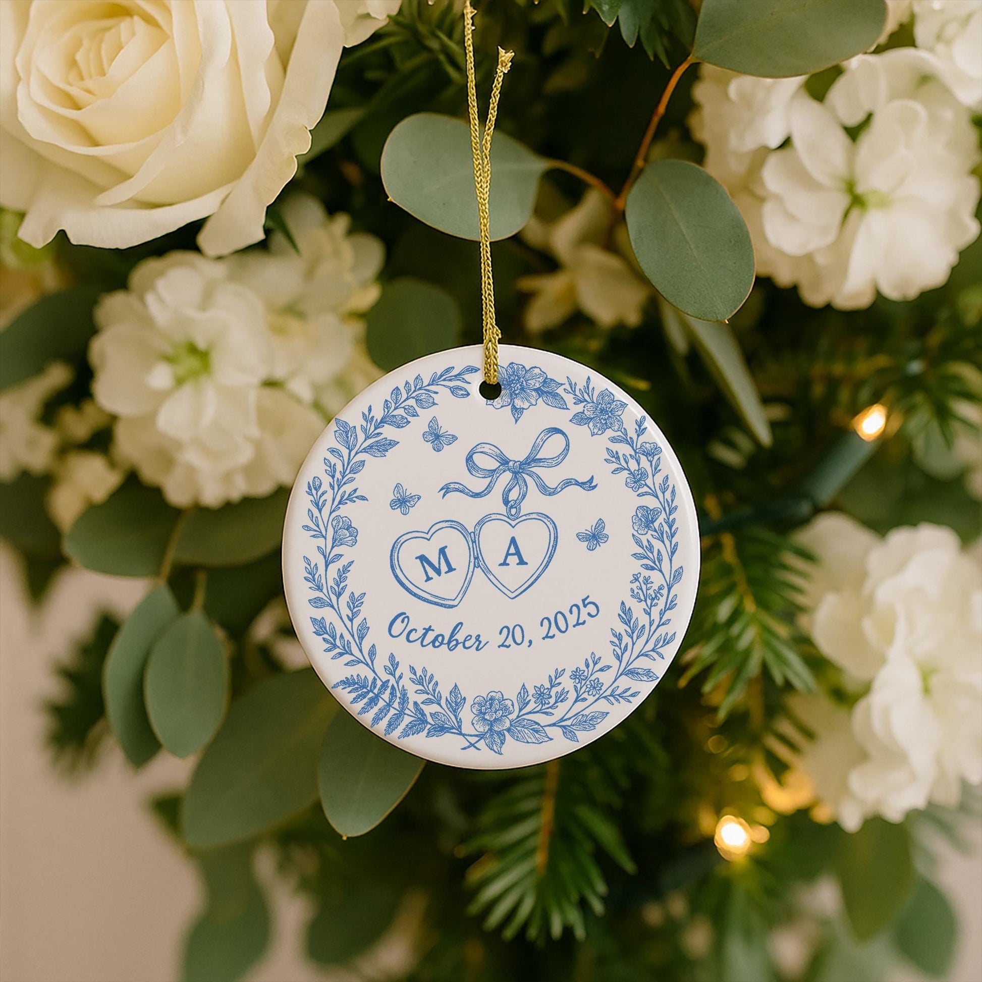 Custom Chinoiserie Wedding Ornament - Personalized Blue and White Ceramic Keepsake, Couple Monogram Gift, Elegant Bridal Decor