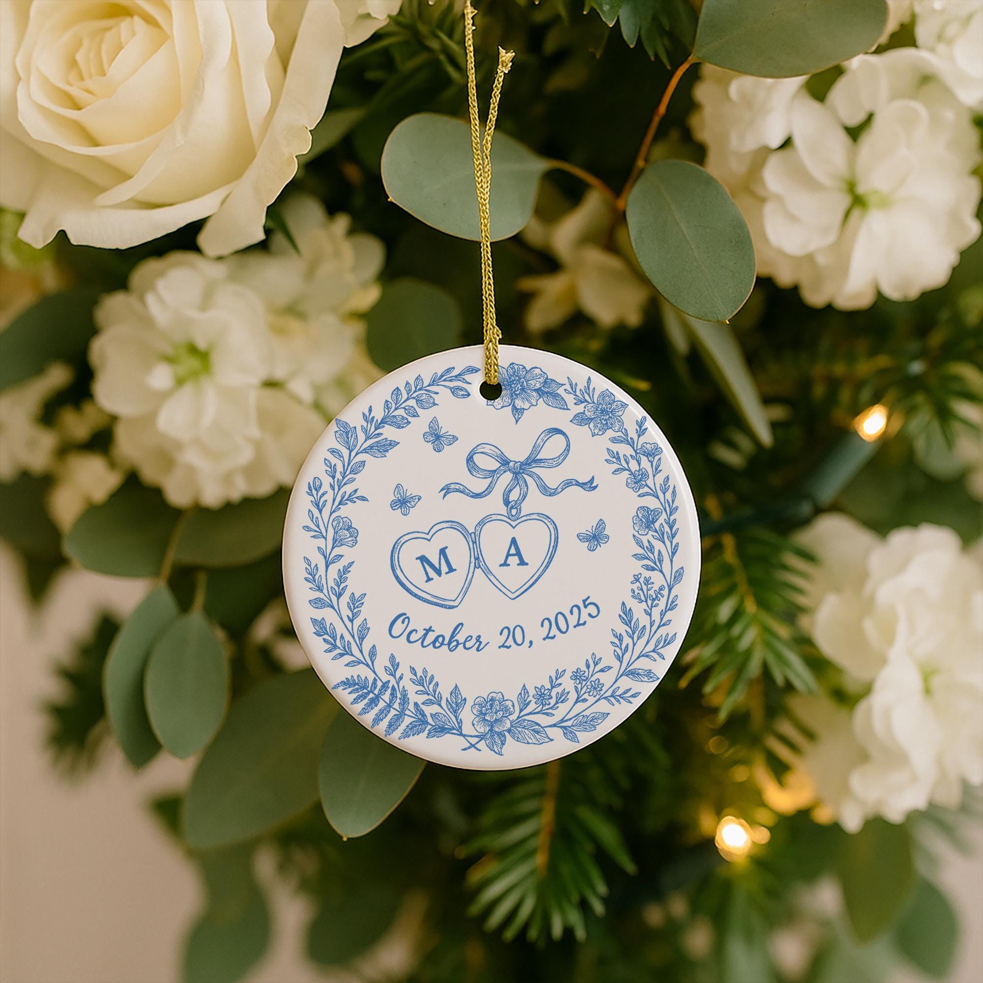 Custom Chinoiserie Wedding Ornament - Personalized Blue and White Ceramic Keepsake, Couple Monogram Gift, Elegant Bridal Decor