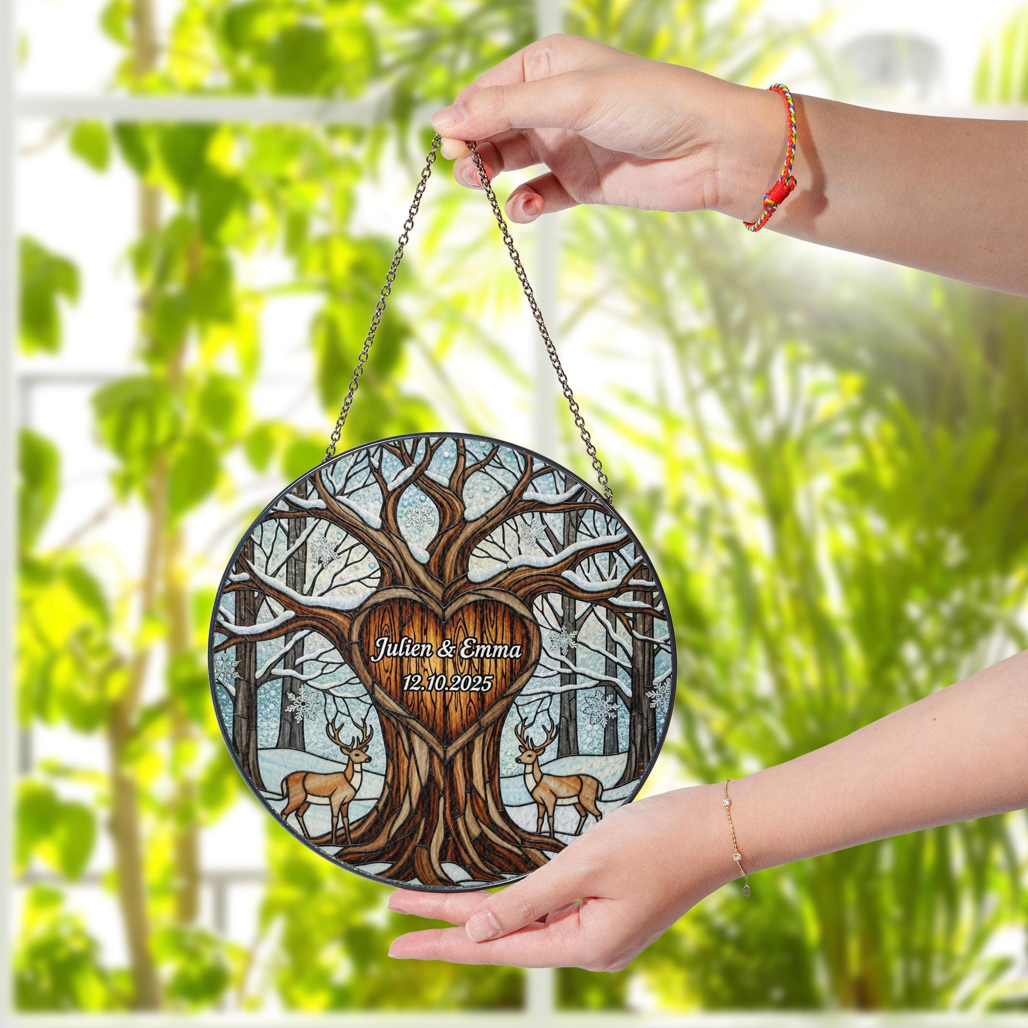 Custom Couple Glass Suncatcher | Personalized Tree of Life Wedding Gift | Anniversary Deer Glass Keepsake