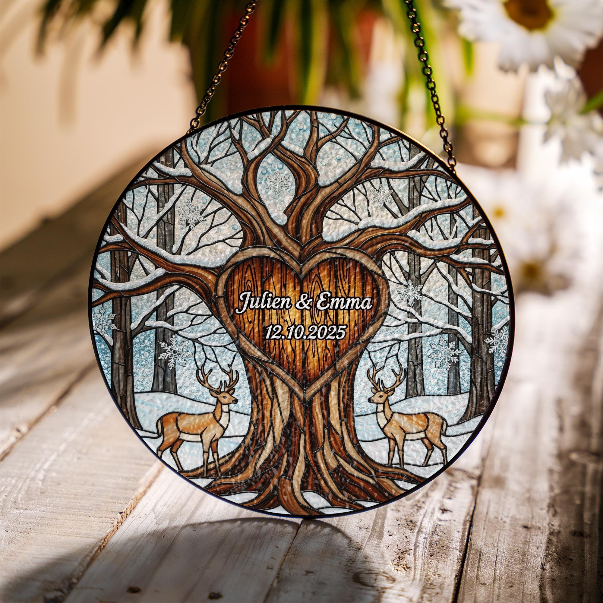 Custom Couple Glass Suncatcher | Personalized Tree of Life Wedding Gift | Anniversary Deer Glass Keepsake