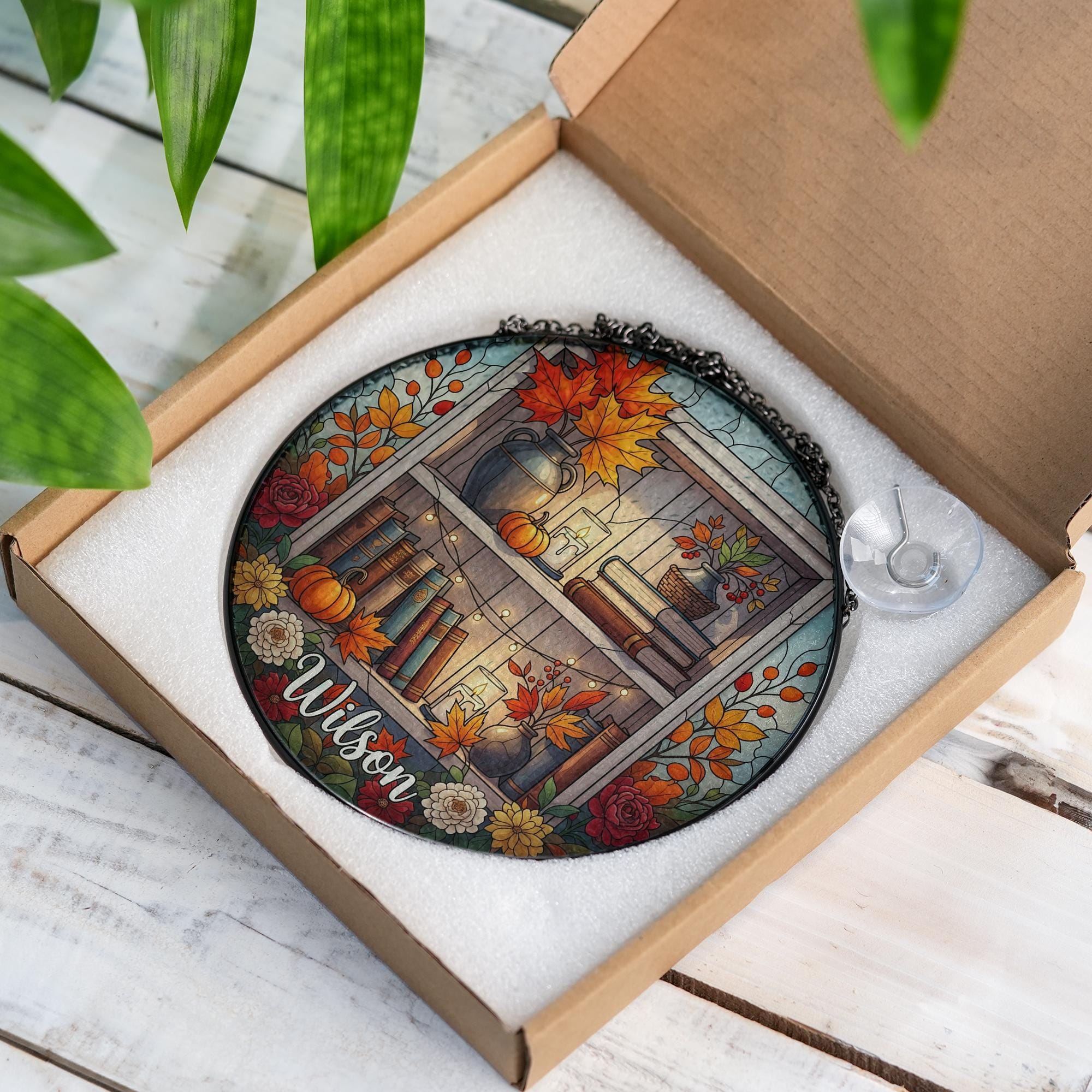 Custom Bookshelf Suncatcher | Faux Stained Glass Fall Decor | Personalized Book Lover Gift | Autumn Pumpkin Floral Window Hanging