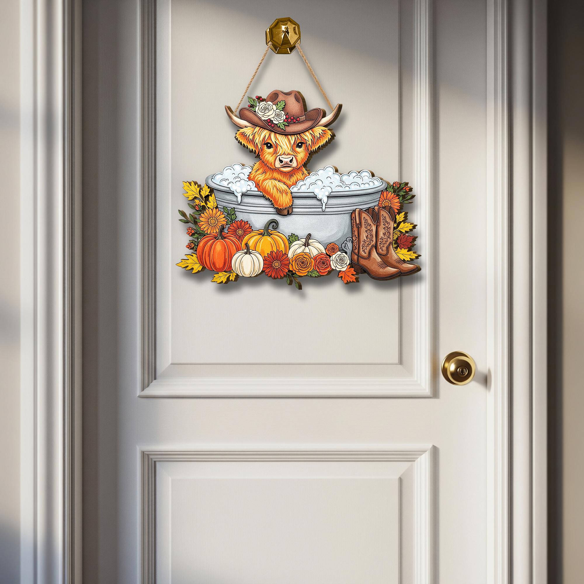 Cow Door Hanger with Cowboy Hat: Rustic Farmhouse Wood Sign