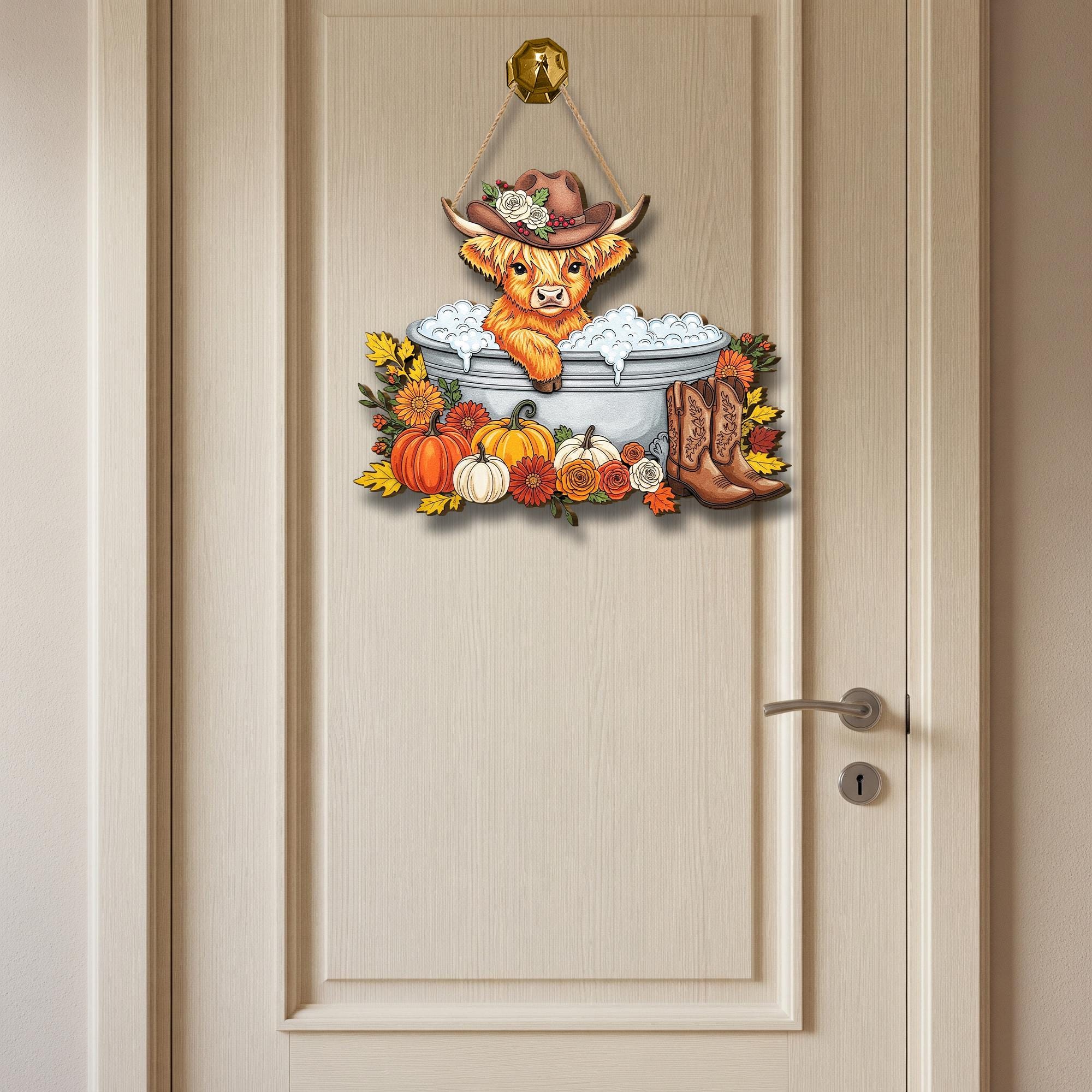 Cow Door Hanger with Cowboy Hat: Rustic Farmhouse Wood Sign