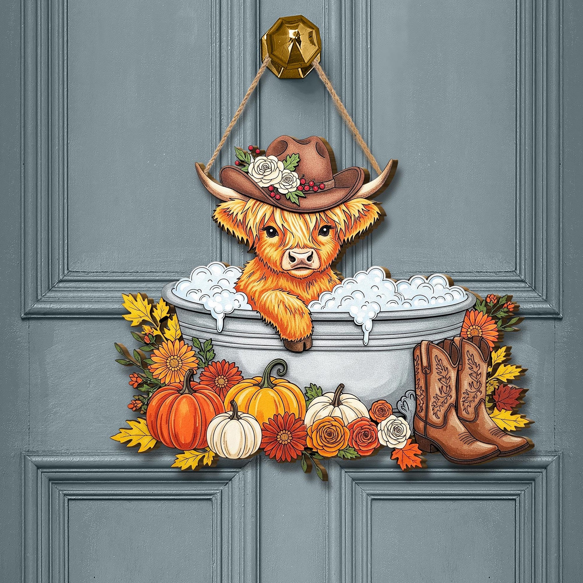 Cow Door Hanger with Cowboy Hat: Rustic Farmhouse Wood Sign