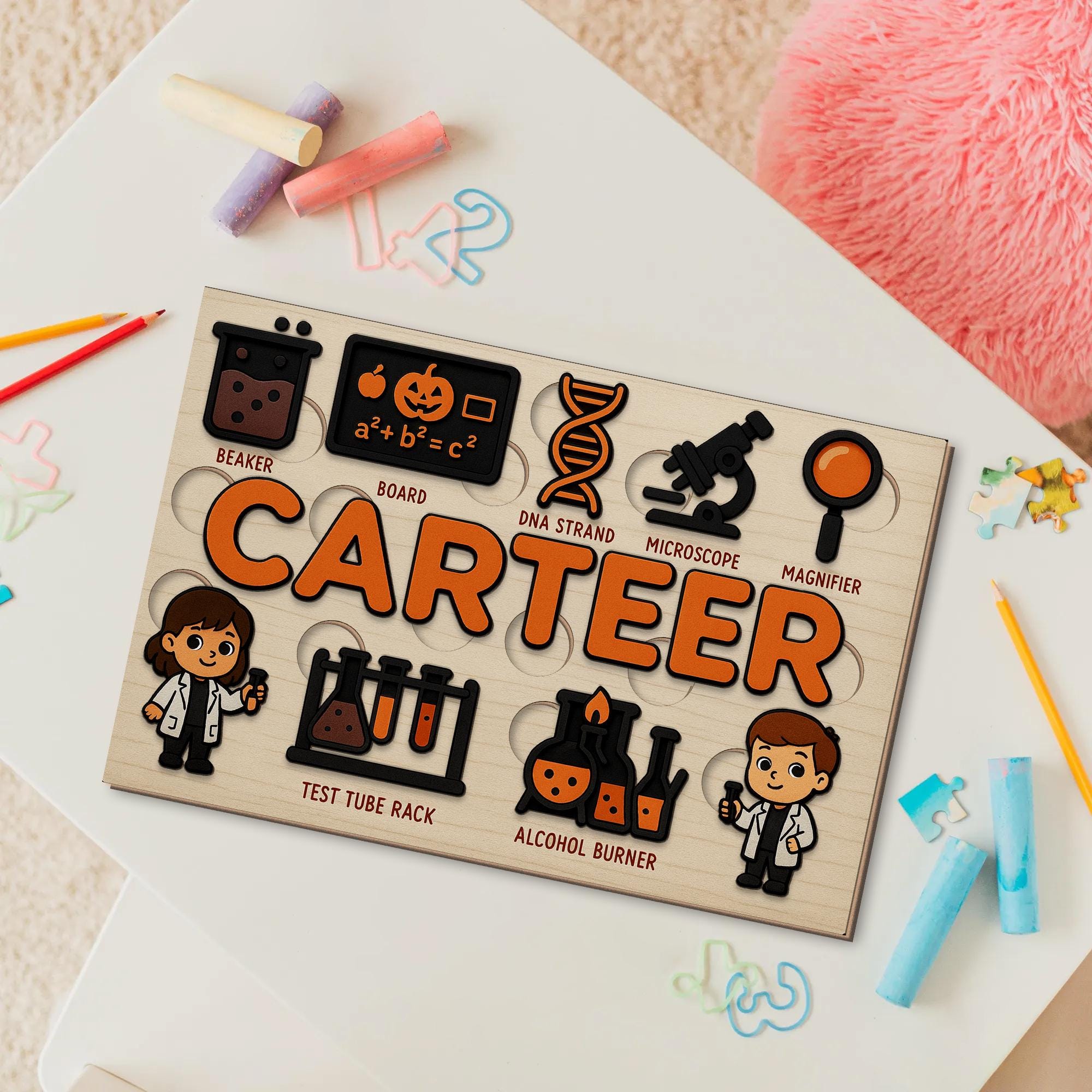 Personalized Science Wooden Puzzle, Custom Name Toddler Puzzle Toy, Montessori Educational Gift, STEM Learning Lab Puzzle for Kids