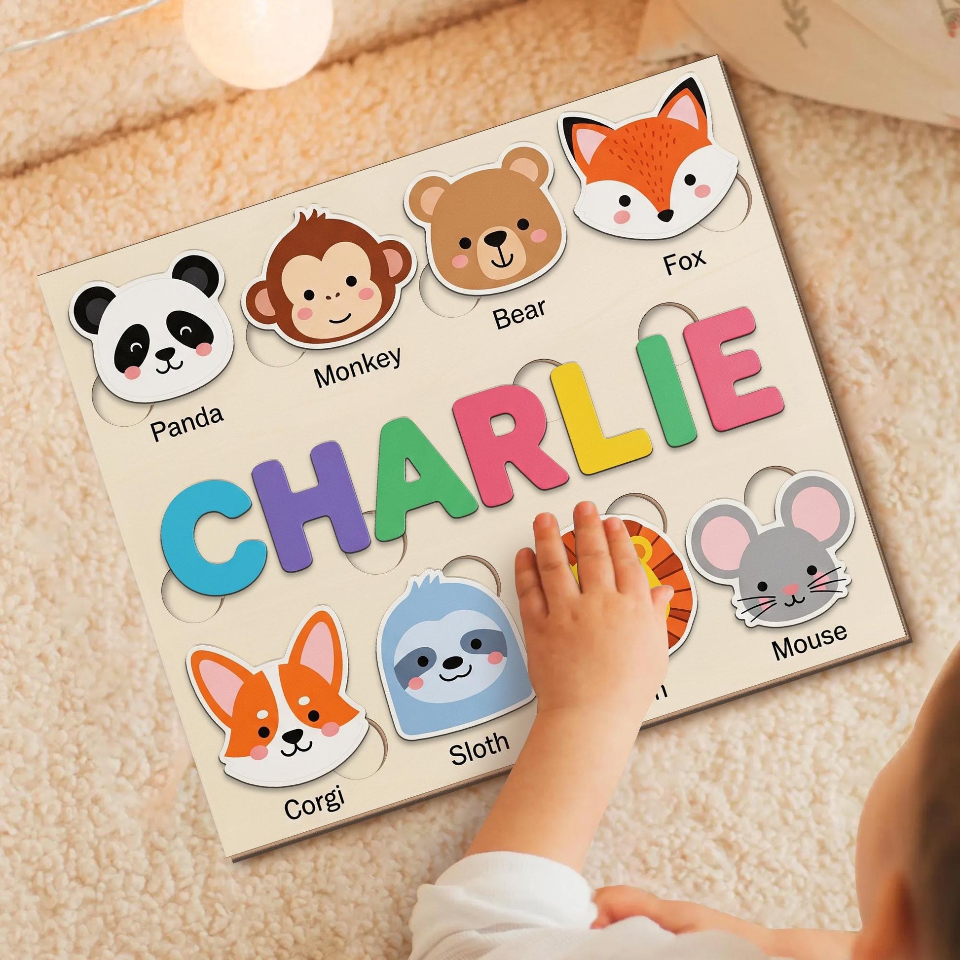 Personalized Animal Wooden Puzzle, Custom Name Toddler Puzzle Toy, Montessori Educational Gift, Baby Learning Puzzle with Animals