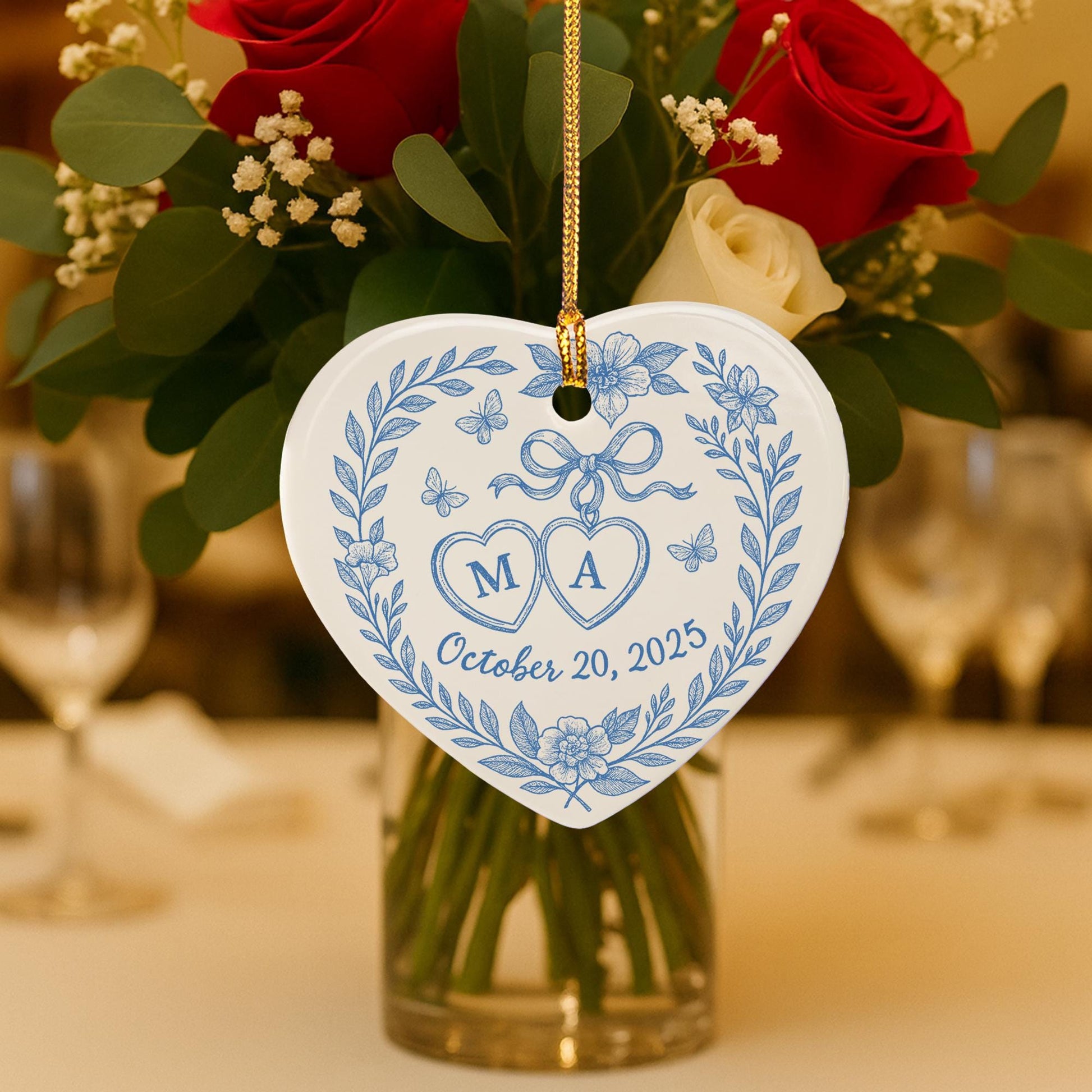 Custom Chinoiserie Wedding Heart Ceramic Ornament - Personalized Blue and White Ceramic Keepsake, Couple Monogram Gift, Elegant Bridal Decor