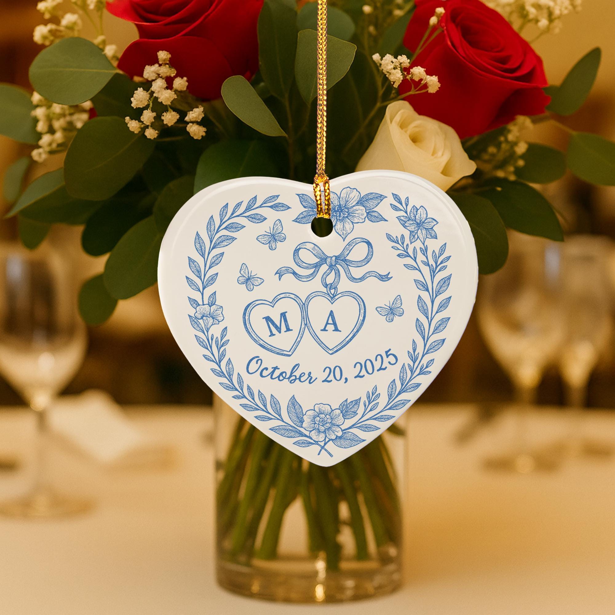Custom Chinoiserie Wedding Heart Ceramic Ornament - Personalized Blue and White Ceramic Keepsake, Couple Monogram Gift, Elegant Bridal Decor