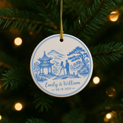 Custom Chinoiserie Wedding Ornament | Personalized Blue and White Bride & Groom Keepsake Gift | Elegant Wedding Decoration