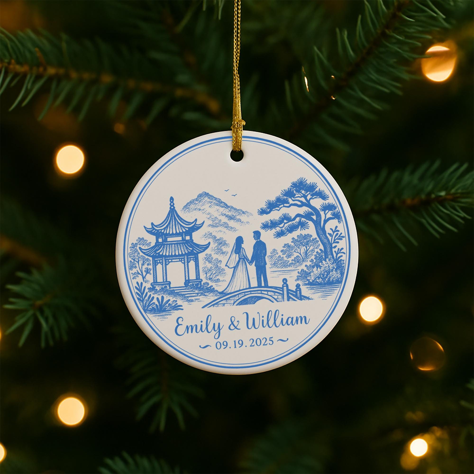 Custom Chinoiserie Wedding Ornament | Personalized Blue and White Bride & Groom Keepsake Gift | Elegant Wedding Decoration
