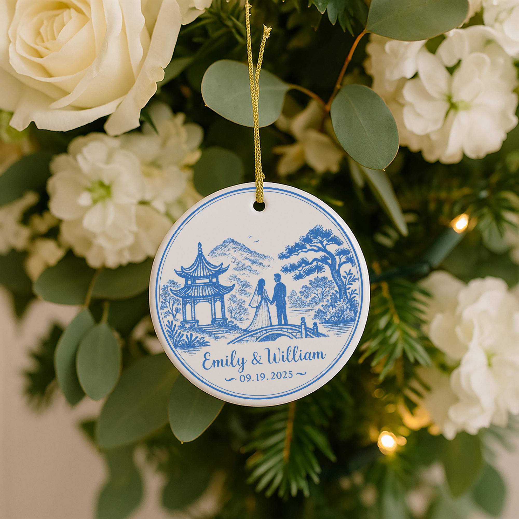 Custom Chinoiserie Wedding Ornament | Personalized Blue and White Bride & Groom Keepsake Gift | Elegant Wedding Decoration