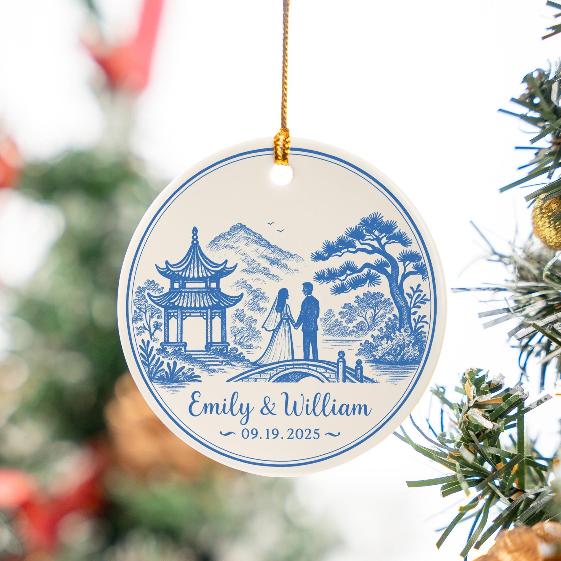 Custom Chinoiserie Wedding Ornament | Personalized Blue and White Bride & Groom Keepsake Gift | Elegant Wedding Decoration