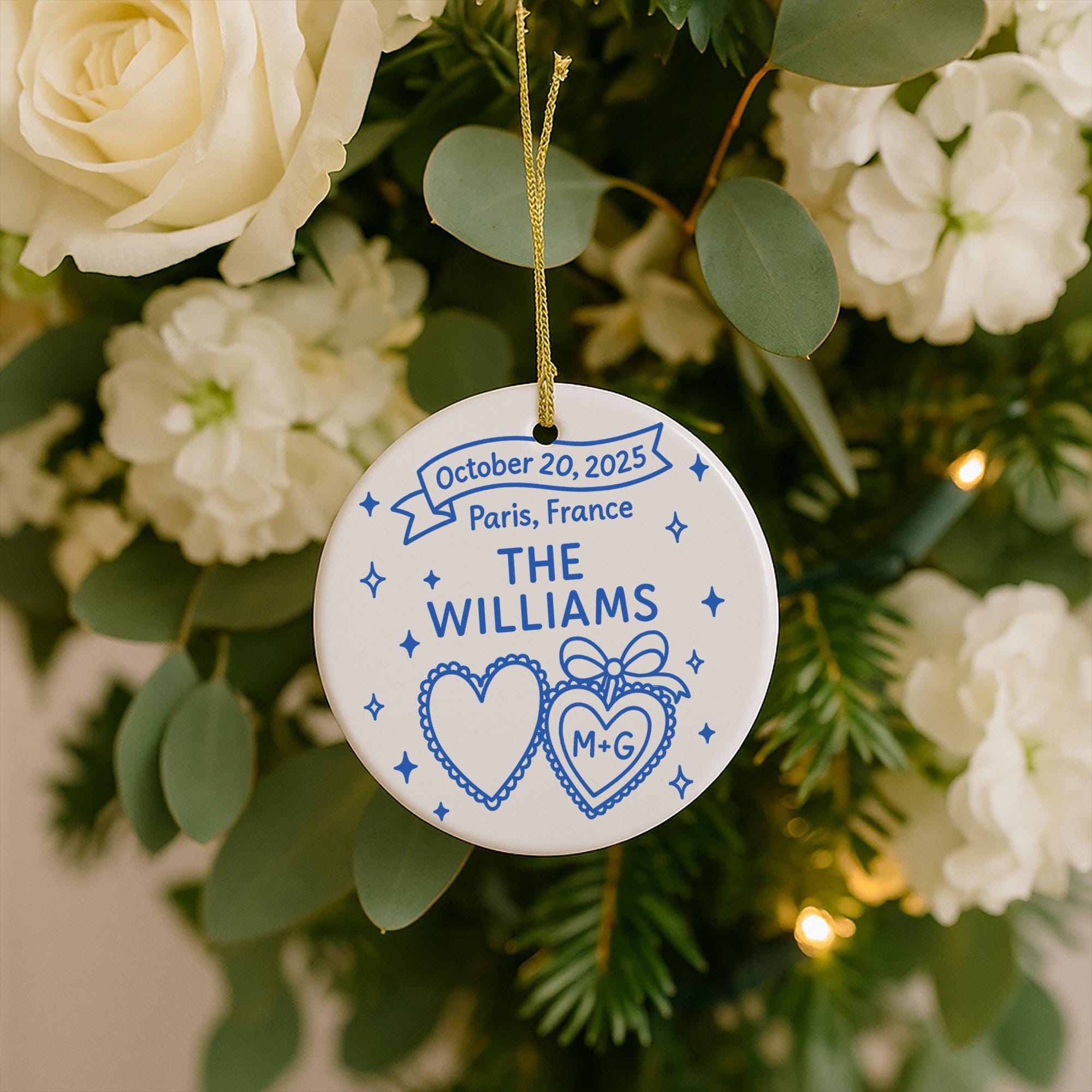 Custom Ceramic Wedding Ornament | Personalized Couple Keepsake Gift | Newlywed gift for couple