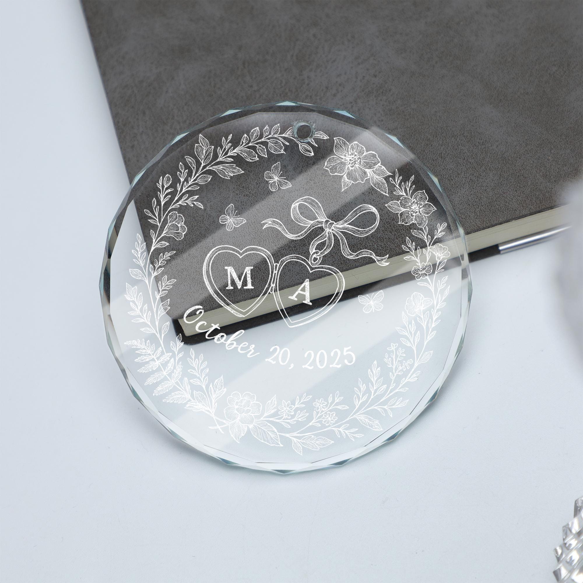 Custom Chinoiserie Glass Ornament, Personalized Wedding Keepsake, Monogram Christmas Ornament, Newlywed Gift, Elegant Holiday Decoration