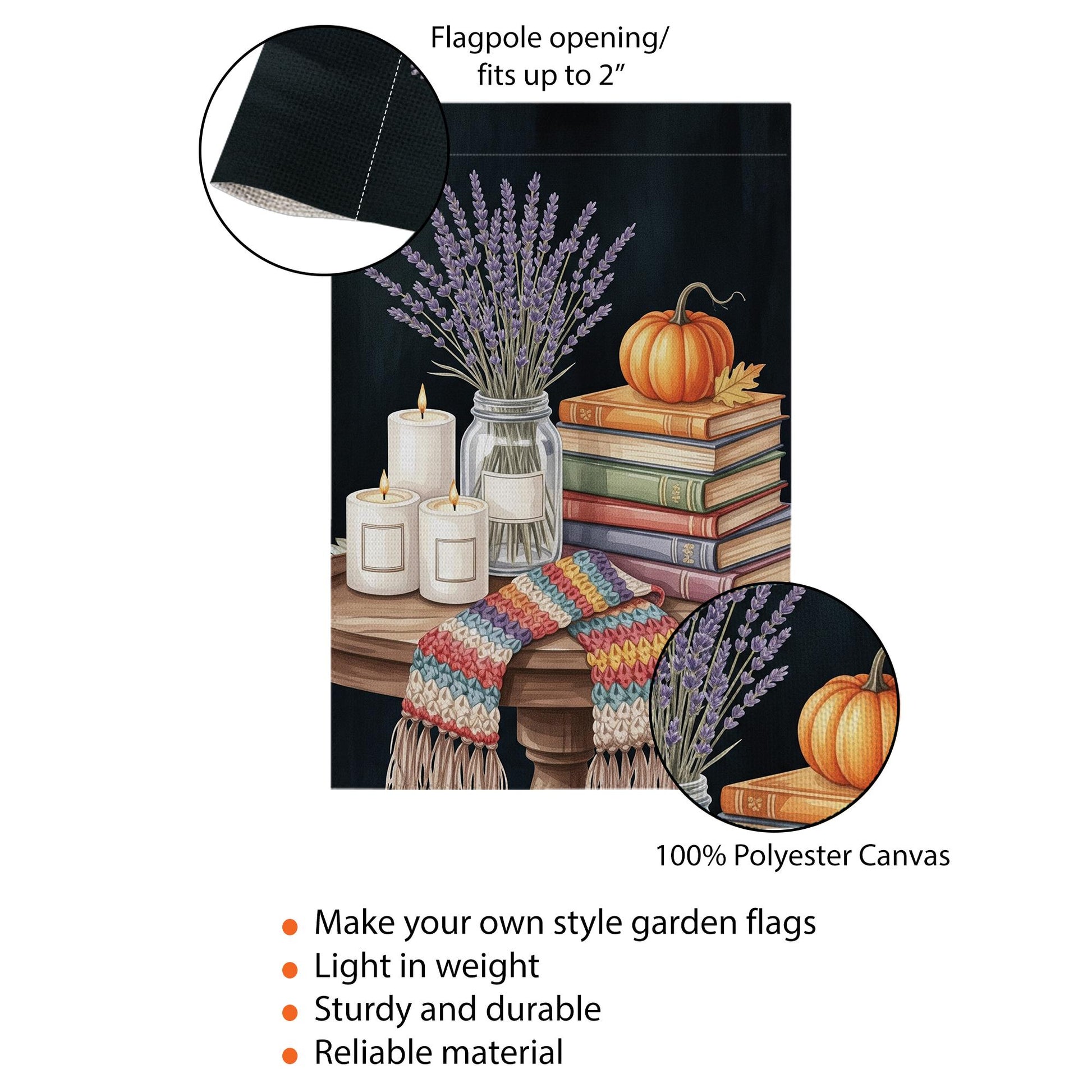 Cozy Fall Garden Flag | Autumn Books Pumpkin Candle Outdoor Decor | Seasonal Lavender Yard Flag | Rustic Farmhouse Porch Decoration