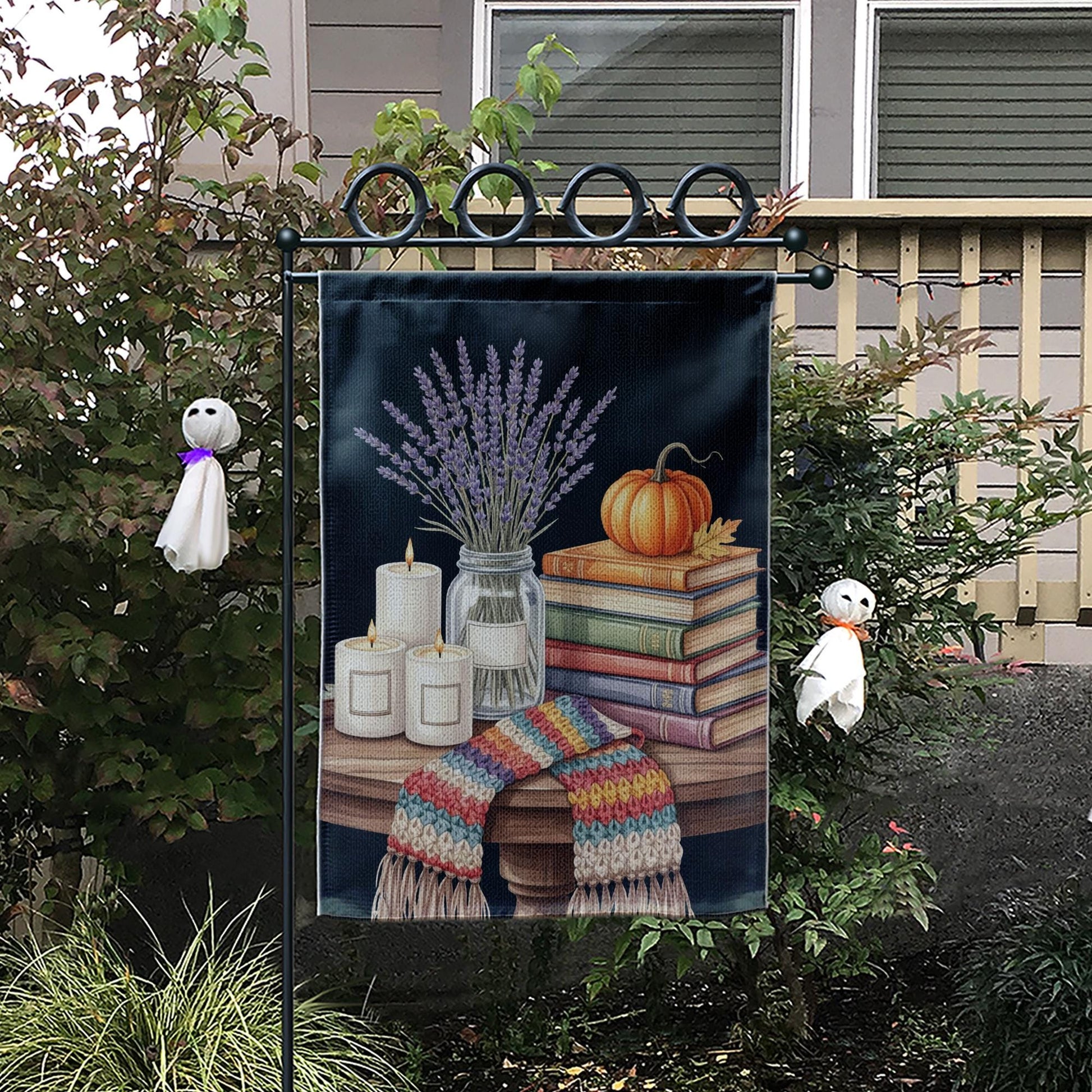 Cozy Fall Garden Flag | Autumn Books Pumpkin Candle Outdoor Decor | Seasonal Lavender Yard Flag | Rustic Farmhouse Porch Decoration