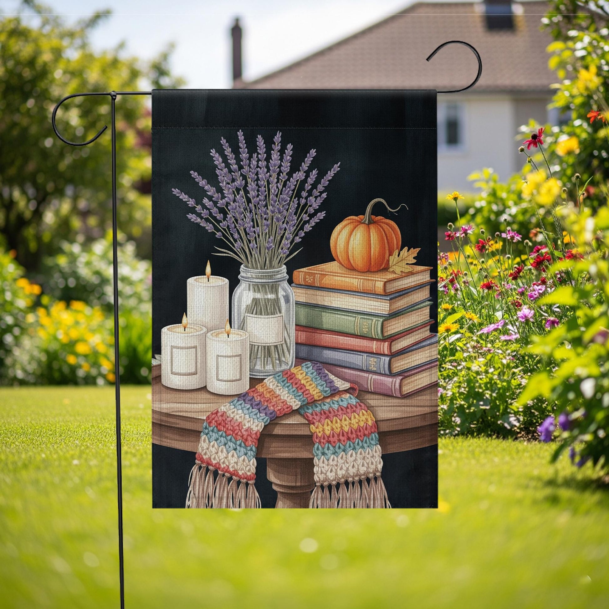 Cozy Fall Garden Flag | Autumn Books Pumpkin Candle Outdoor Decor | Seasonal Lavender Yard Flag | Rustic Farmhouse Porch Decoration