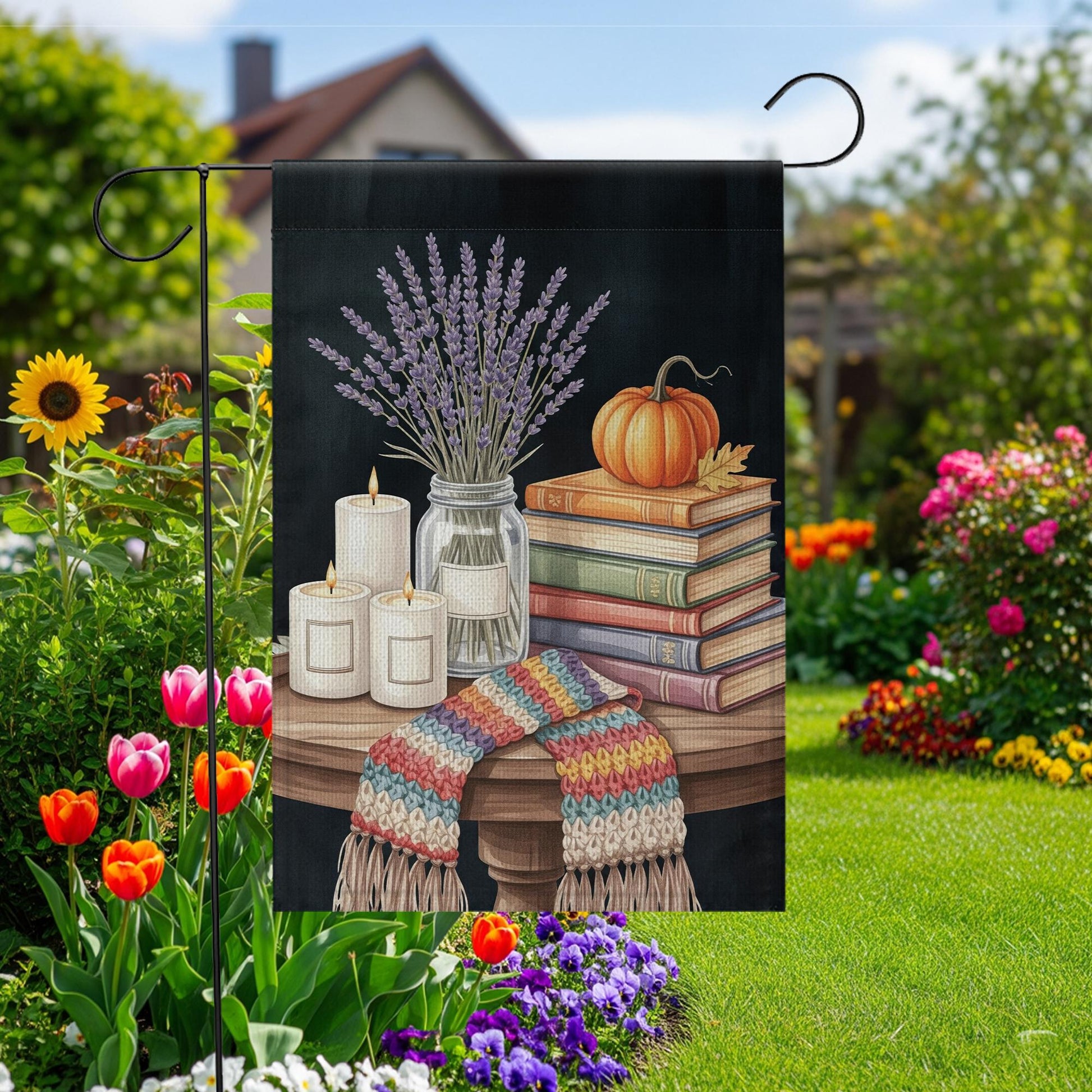 Cozy Fall Garden Flag | Autumn Books Pumpkin Candle Outdoor Decor | Seasonal Lavender Yard Flag | Rustic Farmhouse Porch Decoration