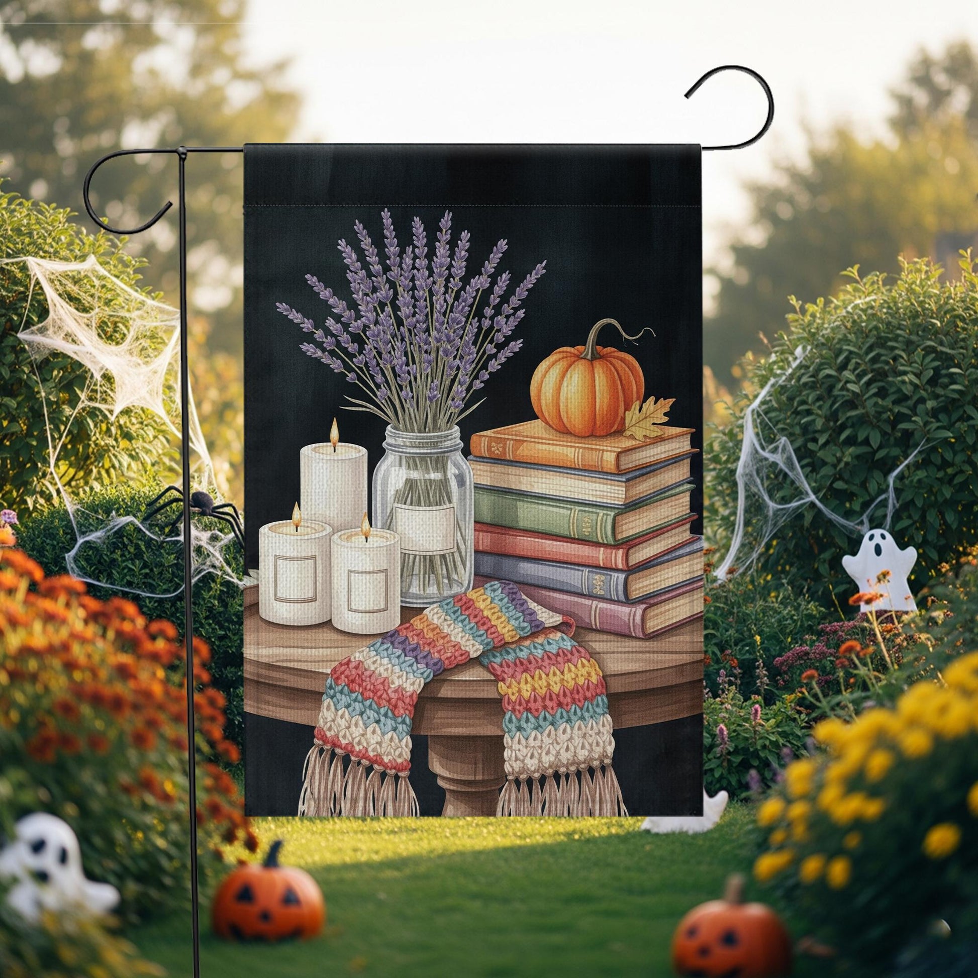 Cozy Fall Garden Flag | Autumn Books Pumpkin Candle Outdoor Decor | Seasonal Lavender Yard Flag | Rustic Farmhouse Porch Decoration