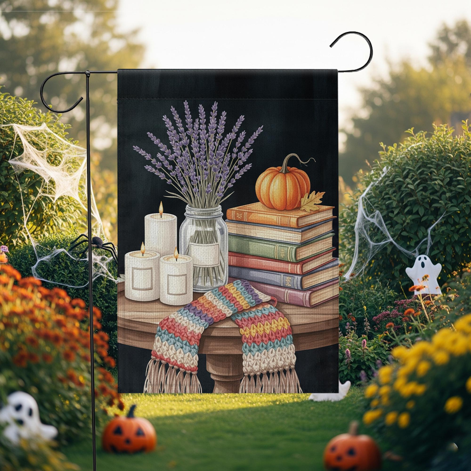 Cozy Fall Garden Flag | Autumn Books Pumpkin Candle Outdoor Decor | Seasonal Lavender Yard Flag | Rustic Farmhouse Porch Decoration