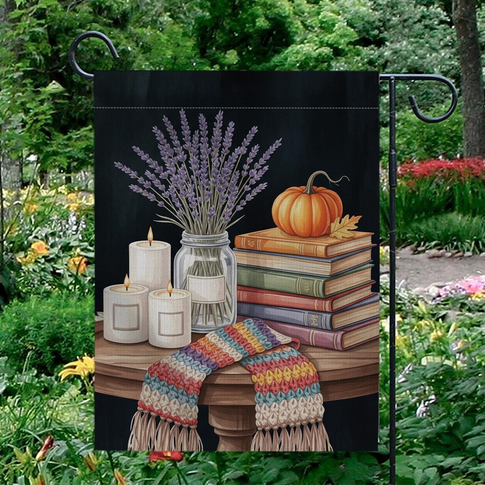 Cozy Fall Garden Flag | Autumn Books Pumpkin Candle Outdoor Decor | Seasonal Lavender Yard Flag | Rustic Farmhouse Porch Decoration