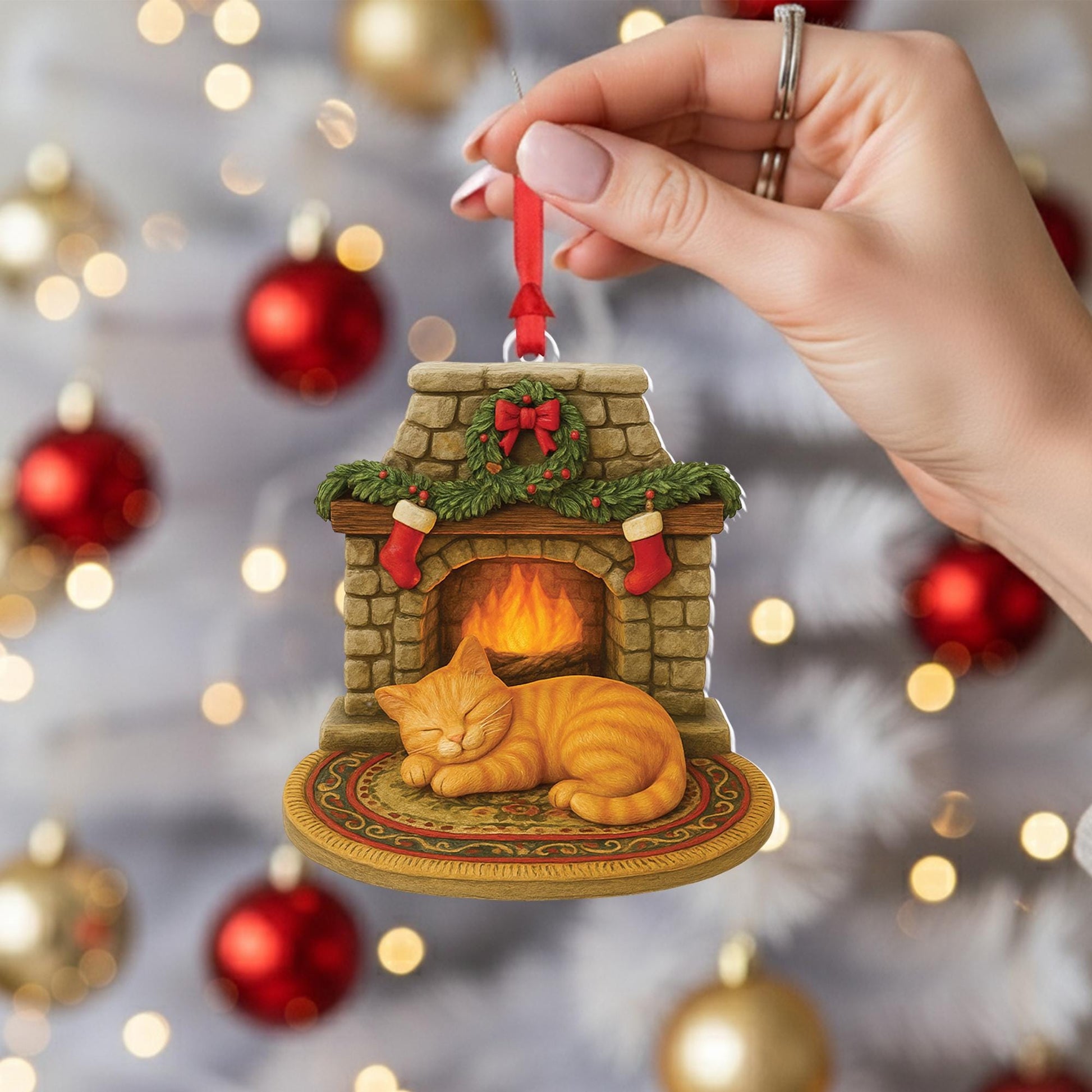 Cozy Cat Christmas Ornament | Fireplace Holiday Decoration with Sleeping Kitten | Cute Gift for Cat Lovers & Pet Owners