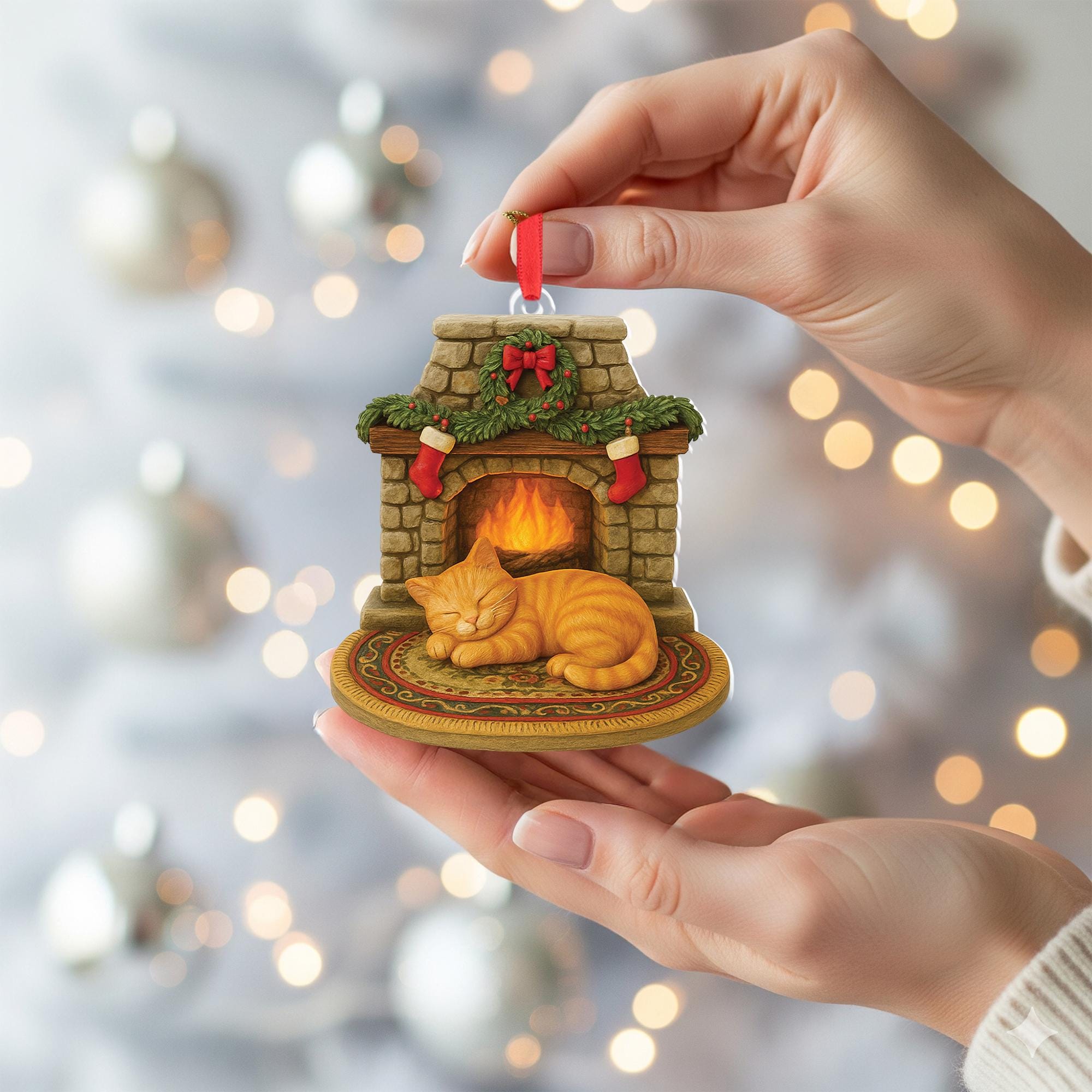 Cozy Cat Christmas Ornament | Fireplace Holiday Decoration with Sleeping Kitten | Cute Gift for Cat Lovers & Pet Owners