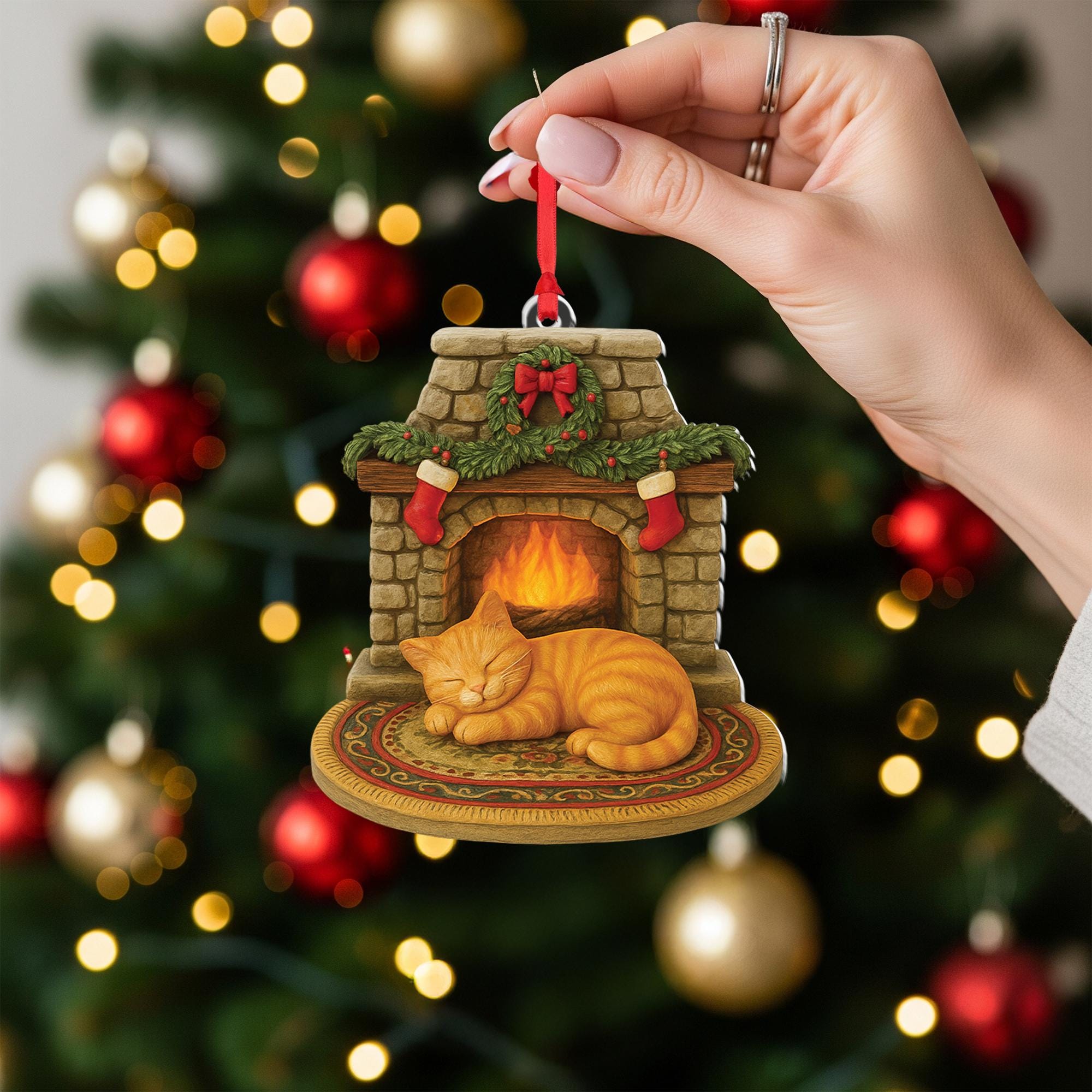 Cozy Cat Christmas Ornament | Fireplace Holiday Decoration with Sleeping Kitten | Cute Gift for Cat Lovers & Pet Owners