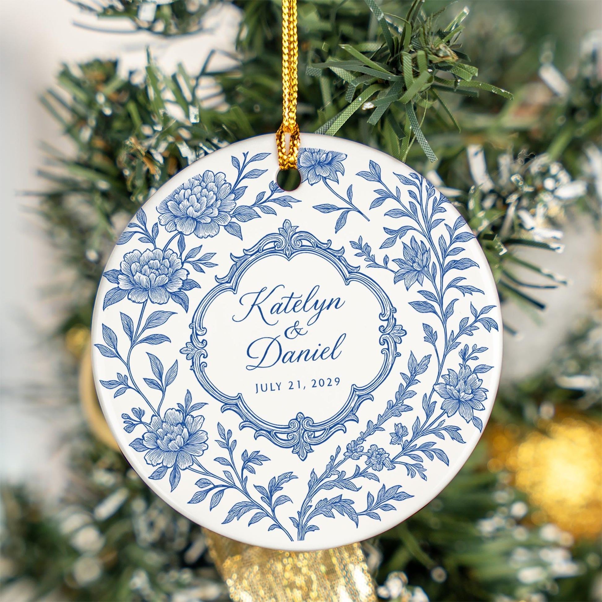 Custom Chinoiserie Wedding Ceramic Ornament | Personalized Blue and White Keepsake | Bride and Groom Gift | Elegant Wedding Decoration