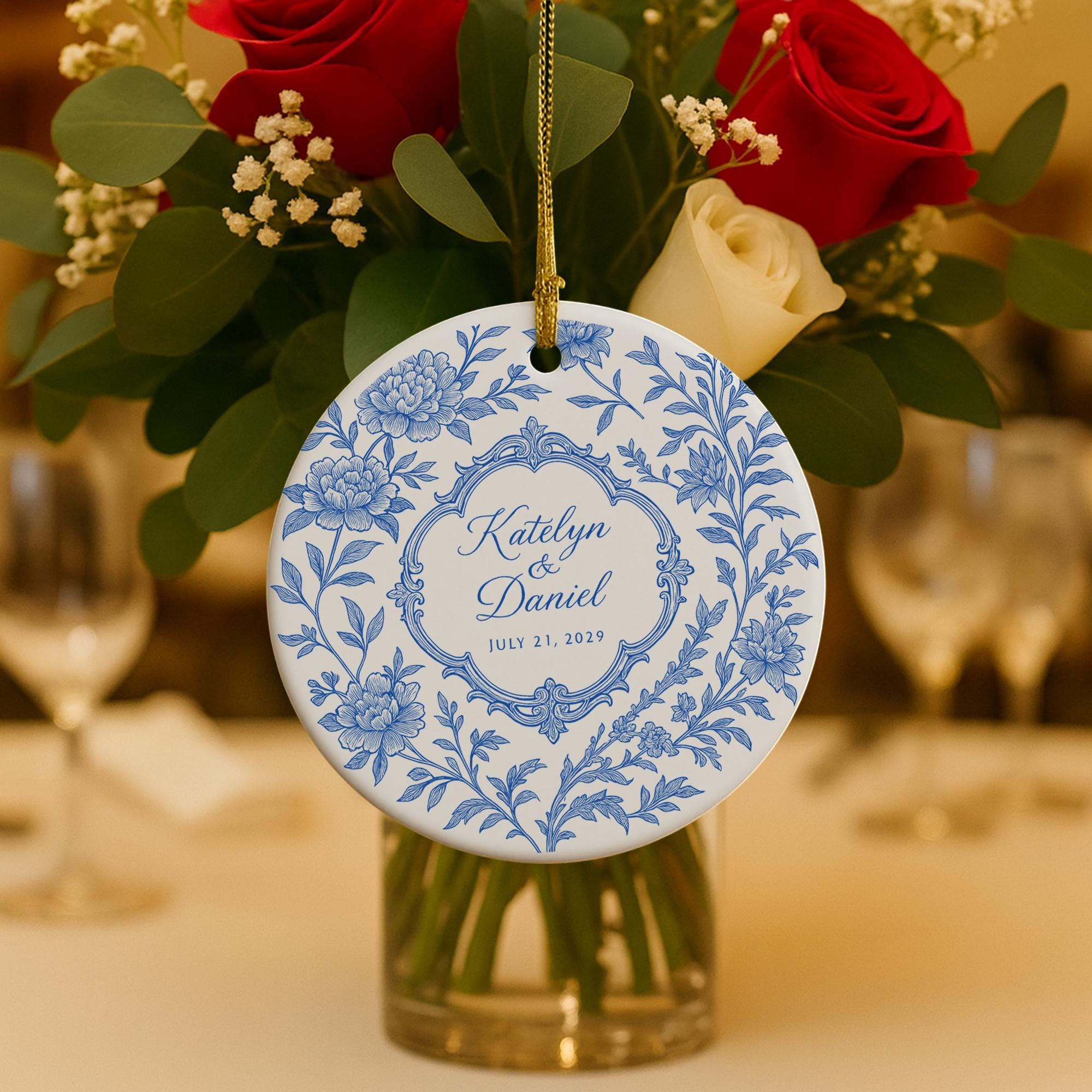 Custom Chinoiserie Wedding Ceramic Ornament | Personalized Blue and White Keepsake | Bride and Groom Gift | Elegant Wedding Decoration