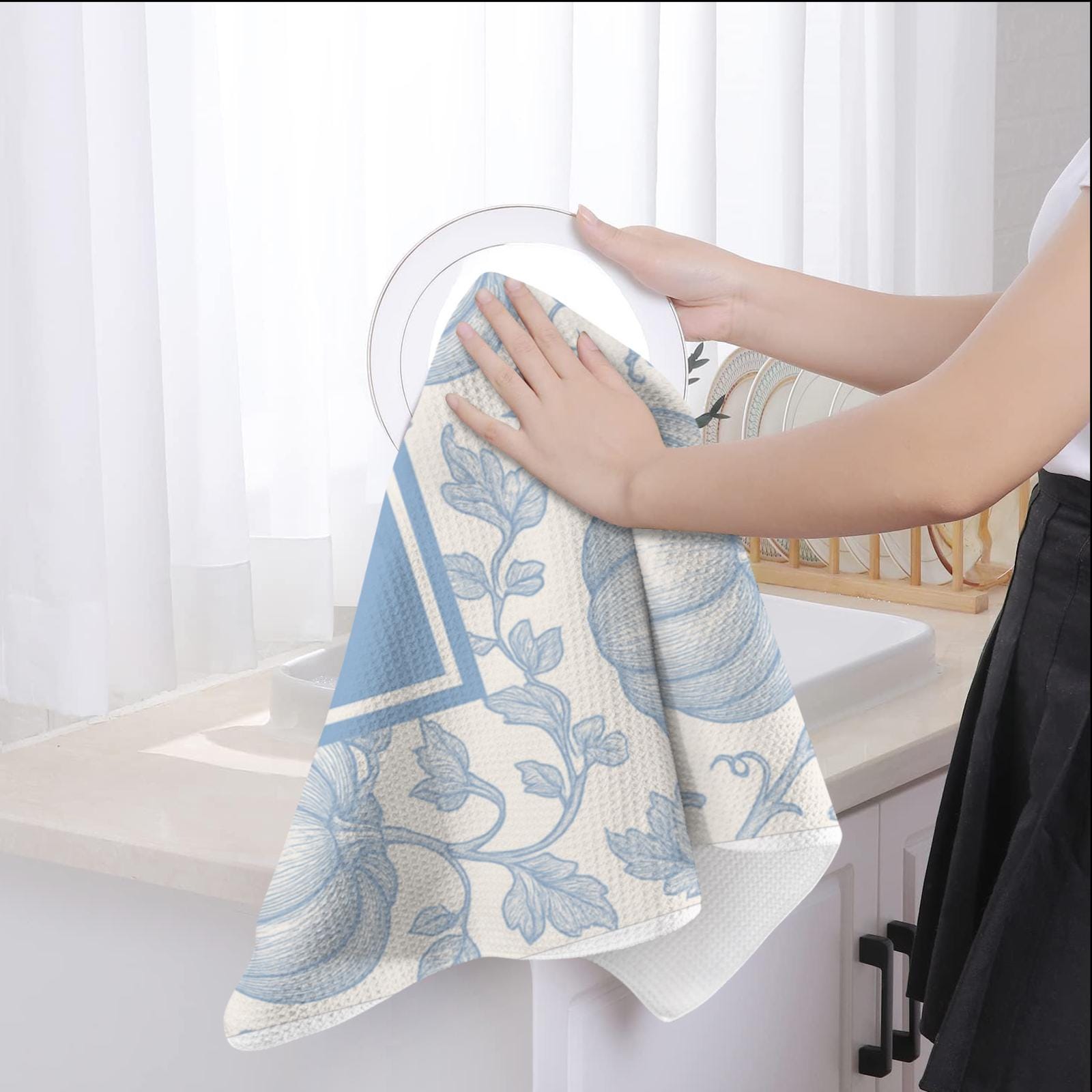 Custom Chinoiserie Kitchen Towel | Personalized Blue Pumpkin Tea Towel | Elegant Fall Kitchen Decor | Monogrammed Family Gift