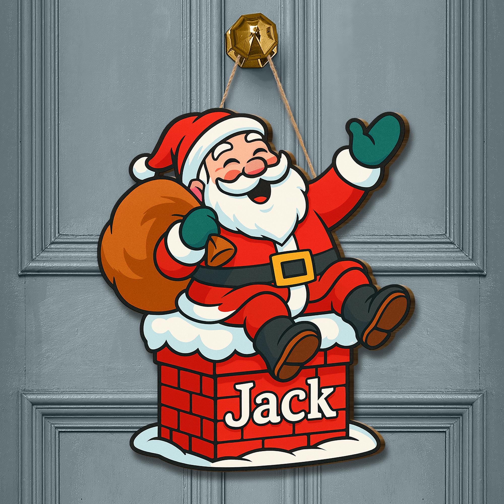 Personalized Santa Wooden Sign, Custom Christmas Door Hanger, Holiday Chimney Decor with Name, Kids Room Xmas Decoration