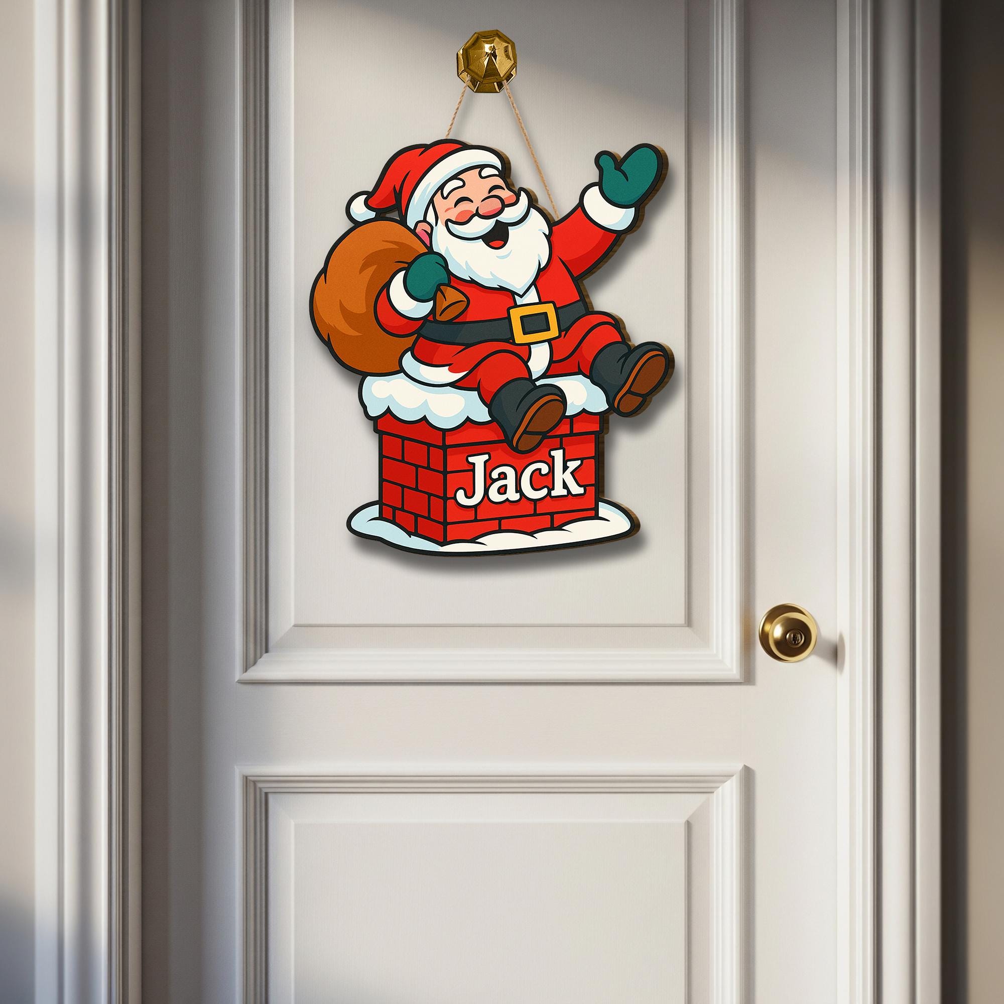 Personalized Santa Wooden Sign, Custom Christmas Door Hanger, Holiday Chimney Decor with Name, Kids Room Xmas Decoration