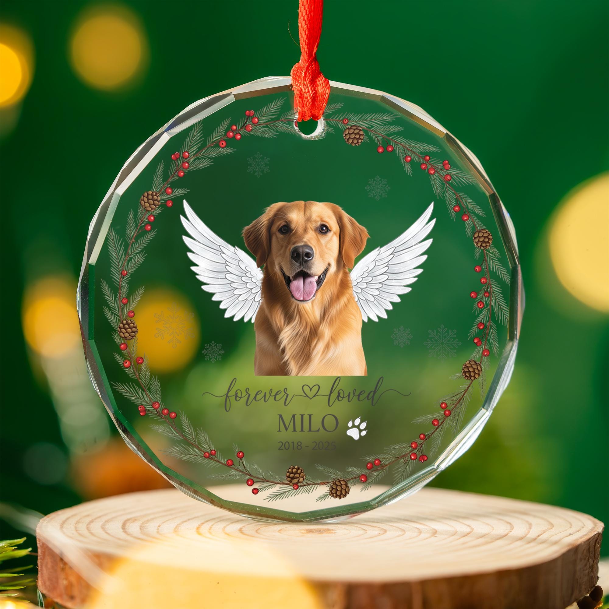 Personalized Pet Memorial Ornament – Custom Dog Loss Gift with Photo & Angel Wings, Forever Loved Glass Ornament Keepsake