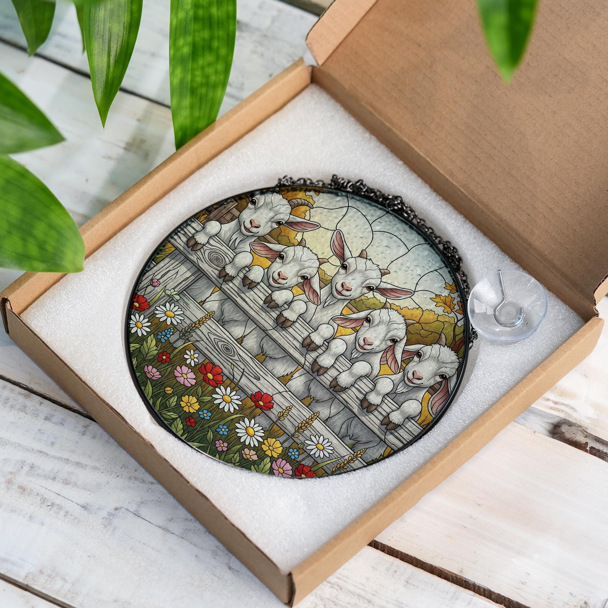 Farmhouse Goat Faux Stained Glass Suncatcher | Baby Goats Window Hanging | Rustic Country Farm Animal Decor with Flowers