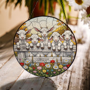Farmhouse Goat Faux Stained Glass Suncatcher | Baby Goats Window Hanging | Rustic Country Farm Animal Decor with Flowers