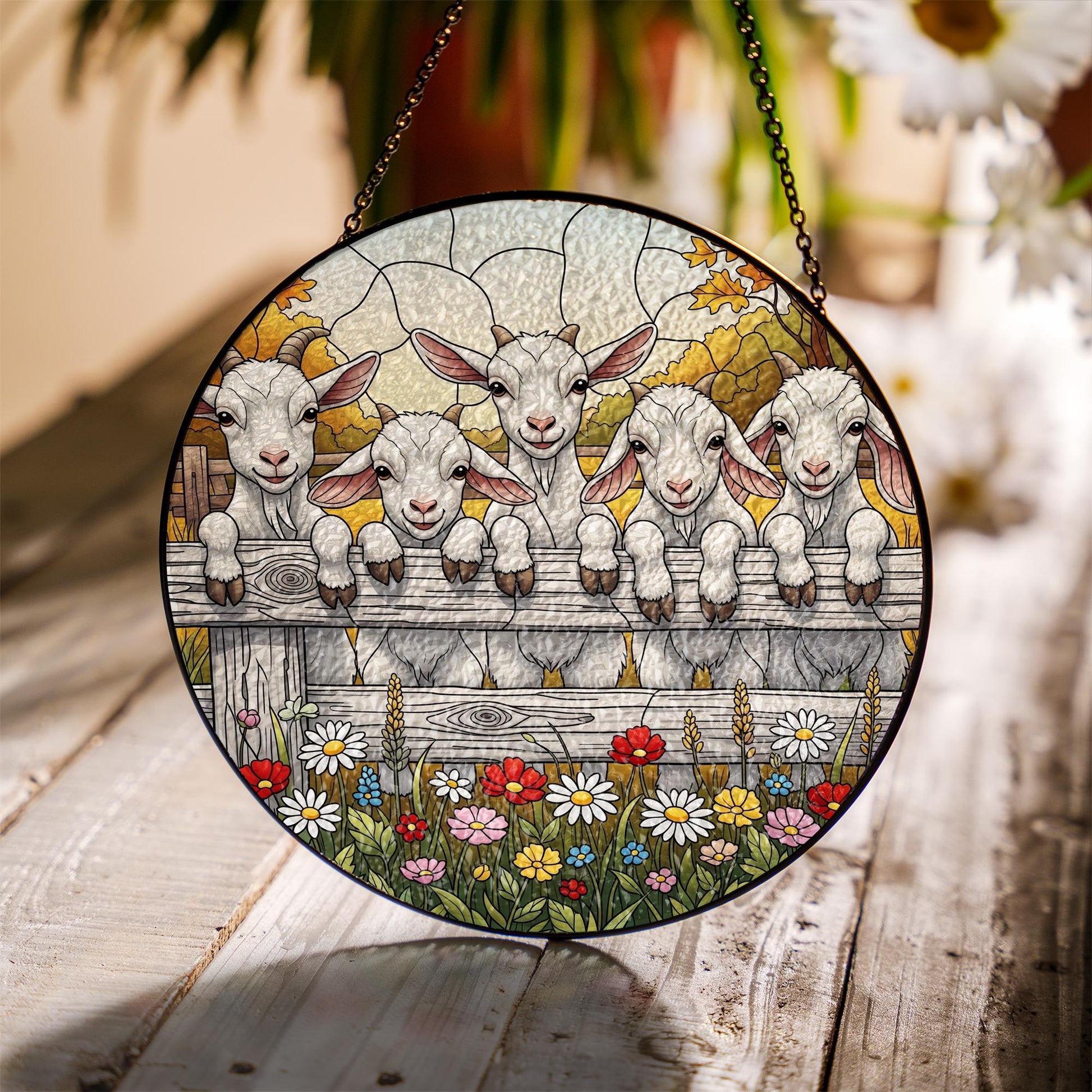 Farmhouse Goat Faux Stained Glass Suncatcher | Baby Goats Window Hanging | Rustic Country Farm Animal Decor with Flowers