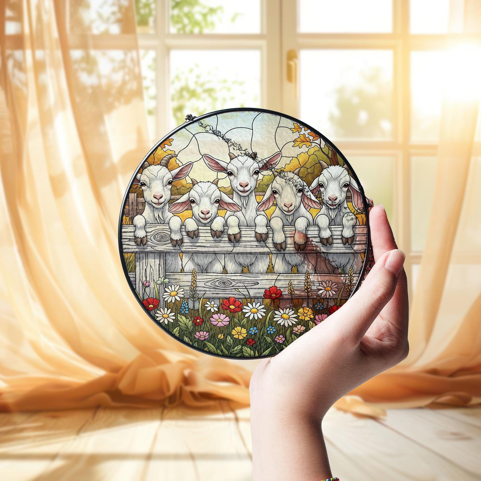 Farmhouse Goat Faux Stained Glass Suncatcher | Baby Goats Window Hanging | Rustic Country Farm Animal Decor with Flowers