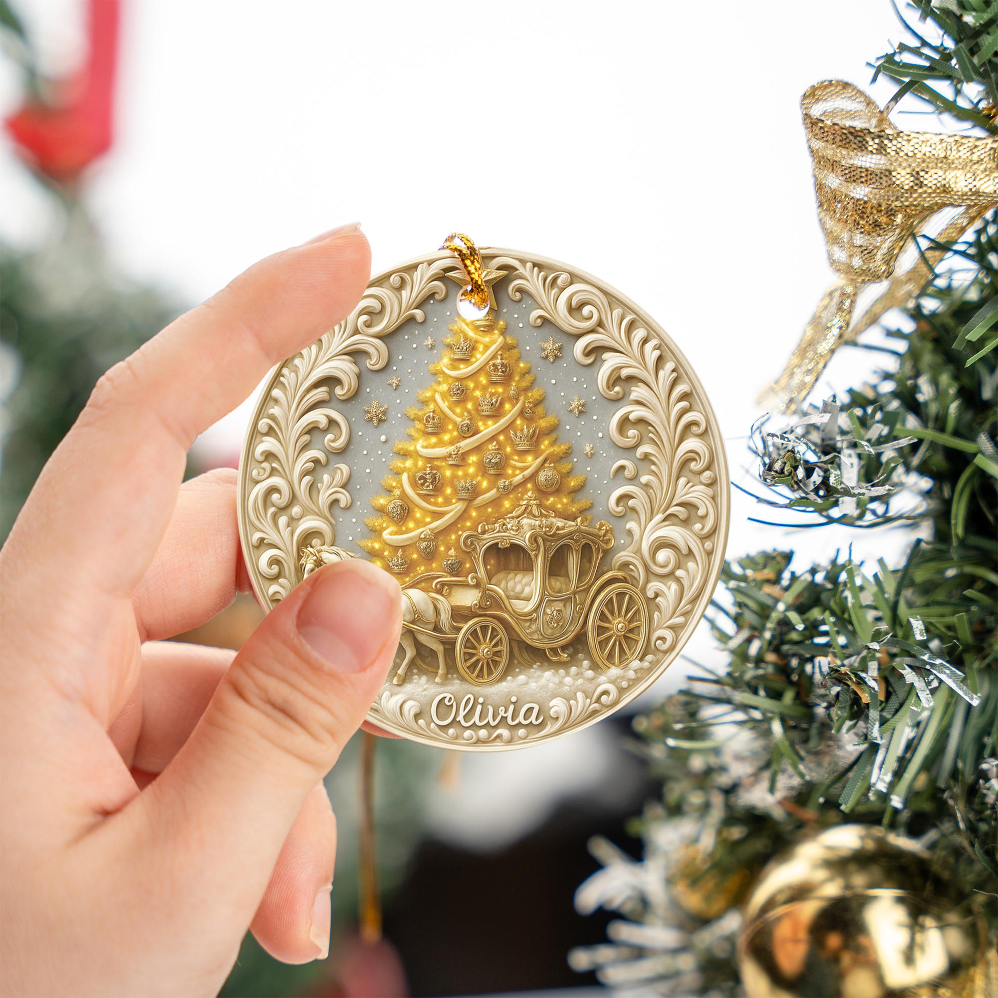 Personalized Princess Carriage Christmas Ornament – Custom Name Holiday Keepsake with Golden Tree, Fairytale Ornament Gift