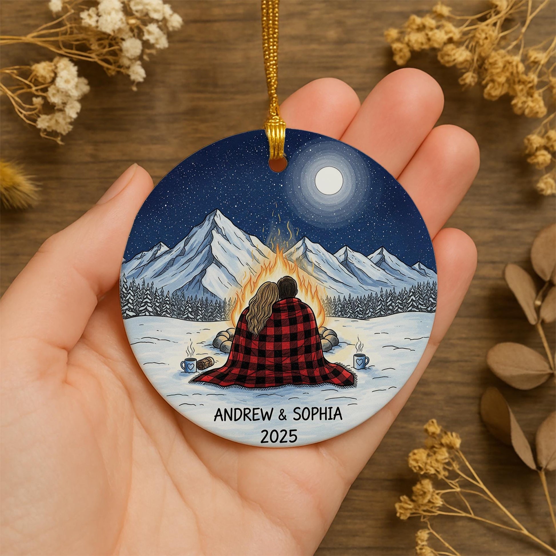 Personalized Couple Christmas Ornament – Custom Campfire Mountain Scene with Names & Year, Romantic Holiday Gift 2025